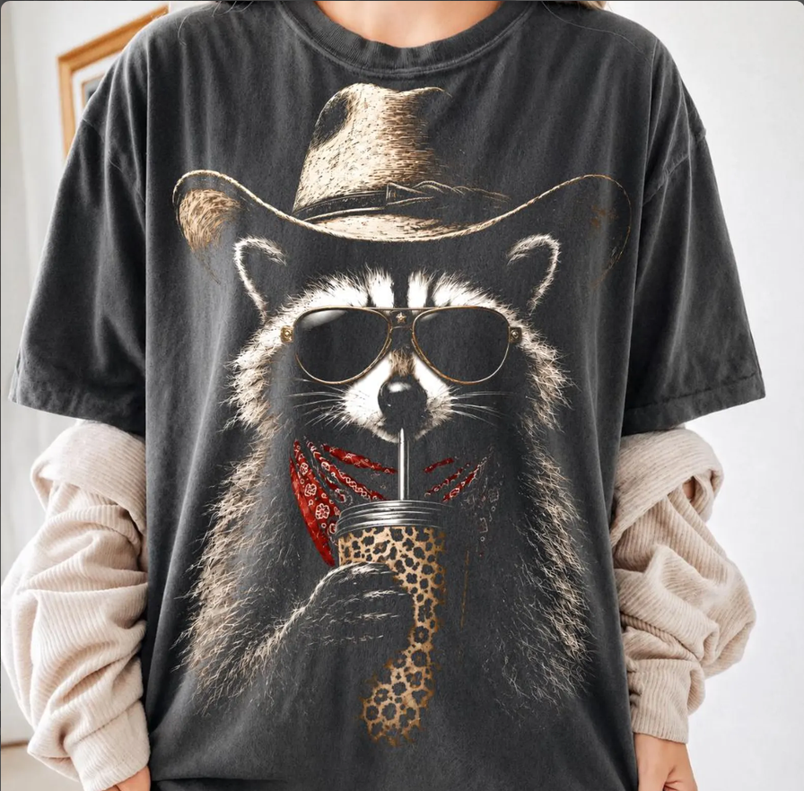 Western Raccoon Graphic Tee | Funny Cowgirl Coffee Shirt: Pepper / Large