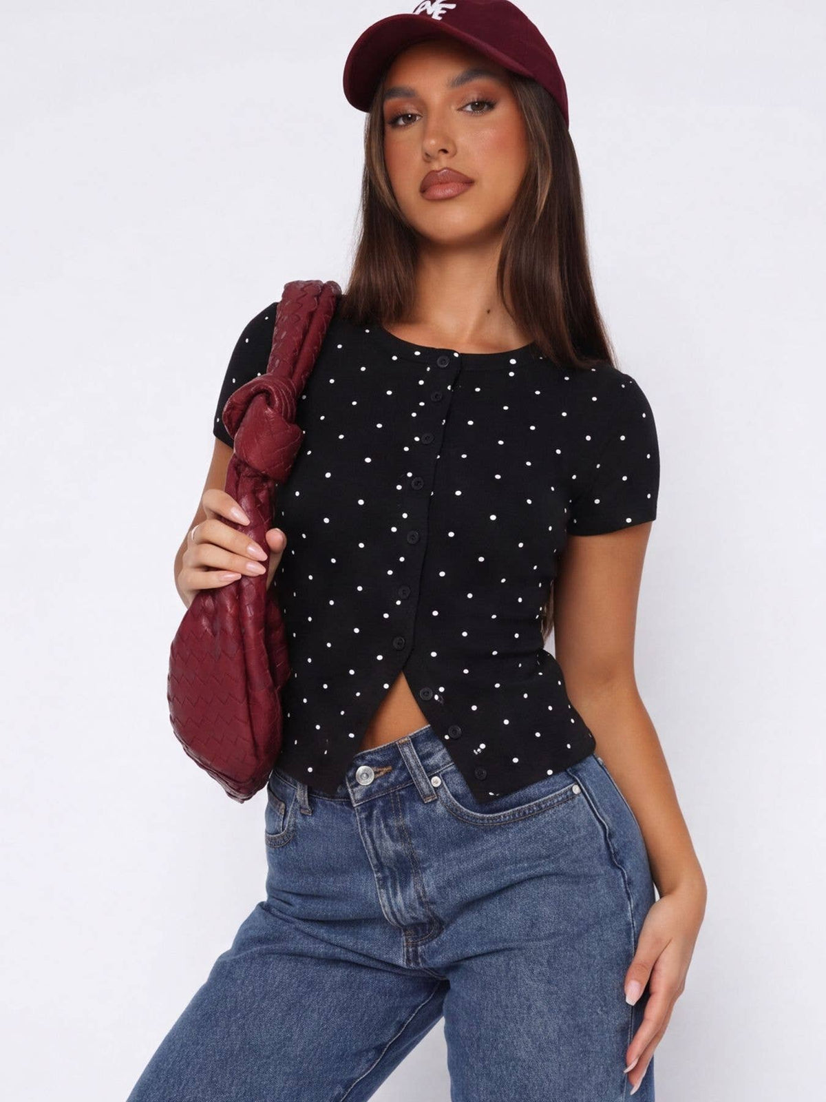 Ribbed Polka Dot Fitted Short Sleeve T-Shirt: White
