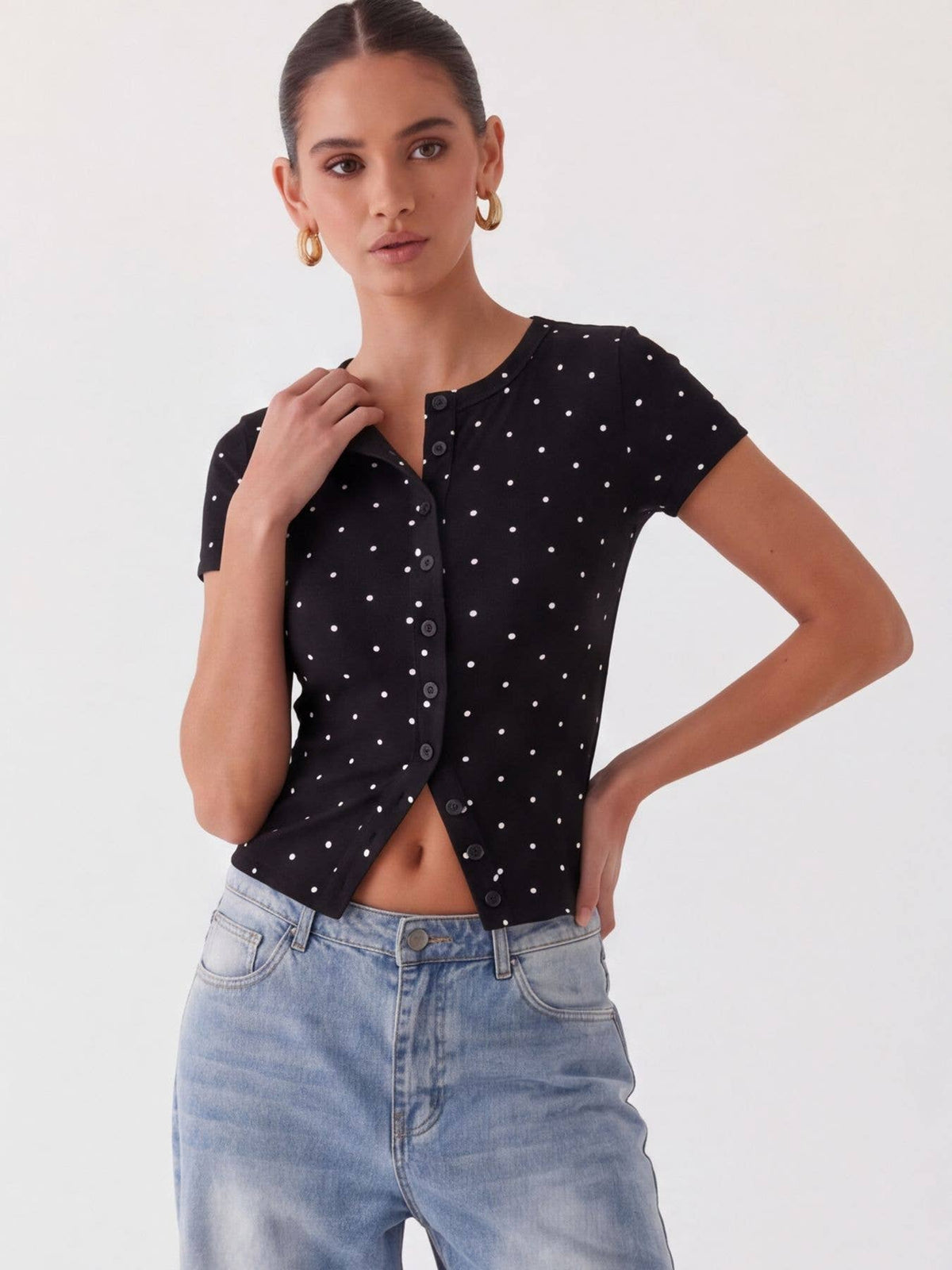 Ribbed Polka Dot Fitted Short Sleeve T-Shirt: Red
