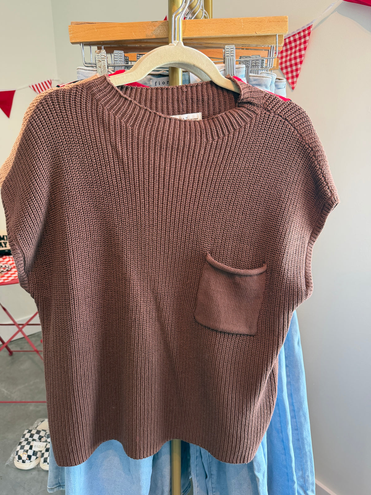 Dark Brown Short Sleeve Knitted Sweater