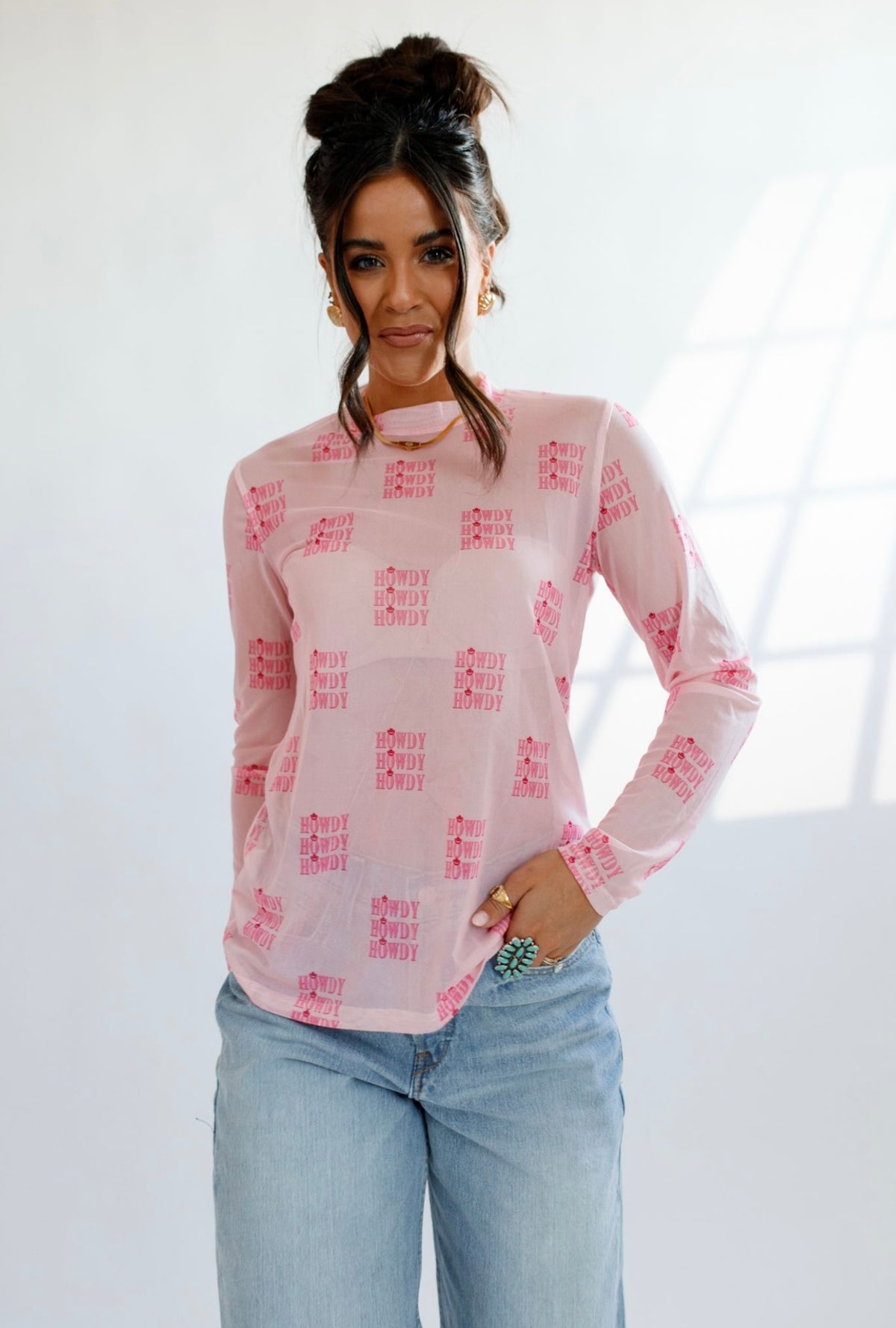 Pink Howdy Sheer Mock Neck Top