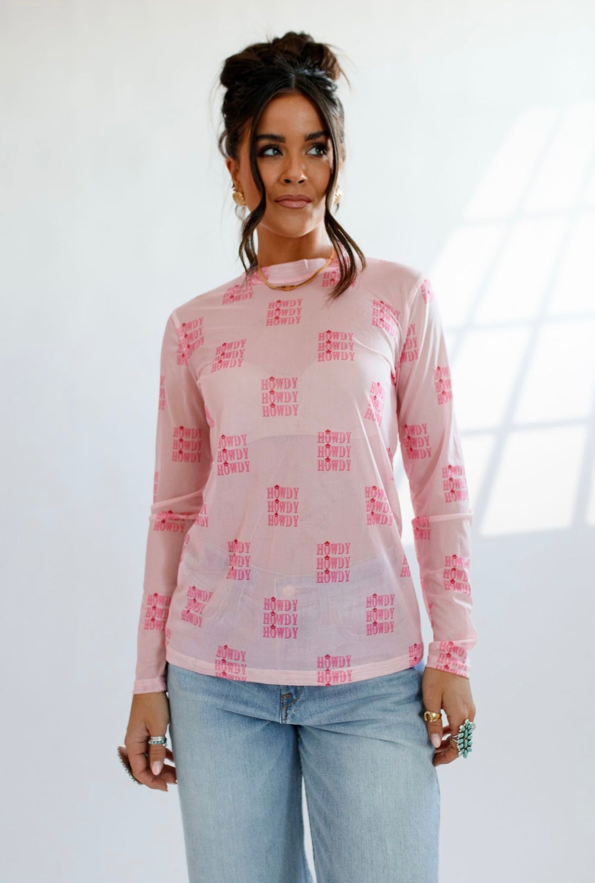 Pink Howdy Sheer Mock Neck Top