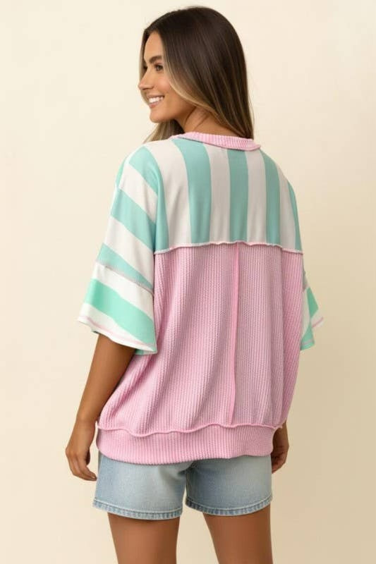 Teal Striped Shirt With Pink Outline