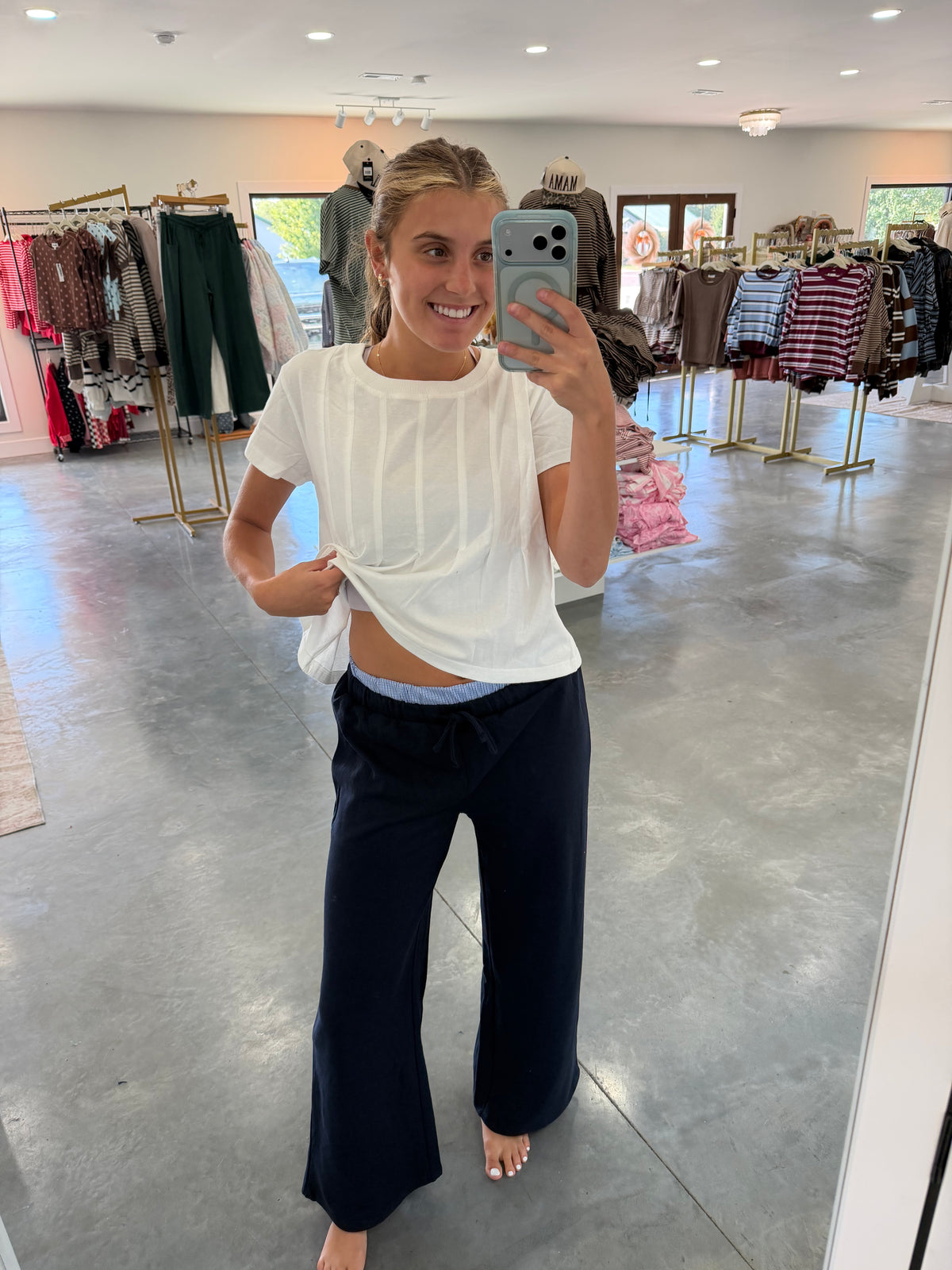 Navy Lounge Pants with Contrasting Check Panel