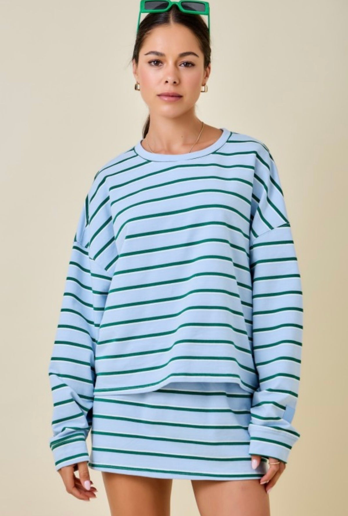 Baby Blue Hunter Green Striped Boxy Top