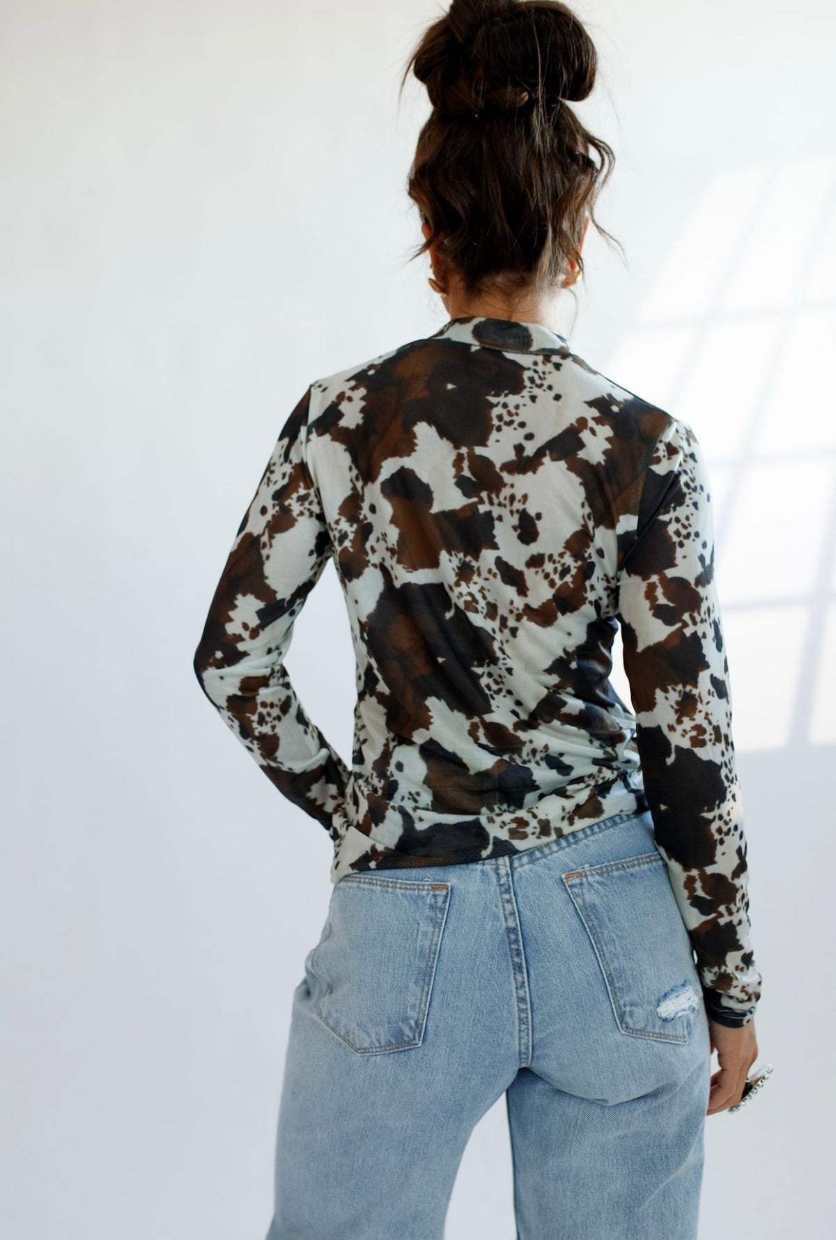 Brown Cowhide Sheer Mock Neck Top