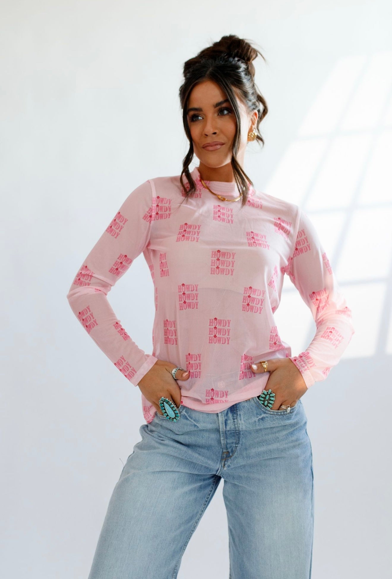 Pink Howdy Sheer Mock Neck Top