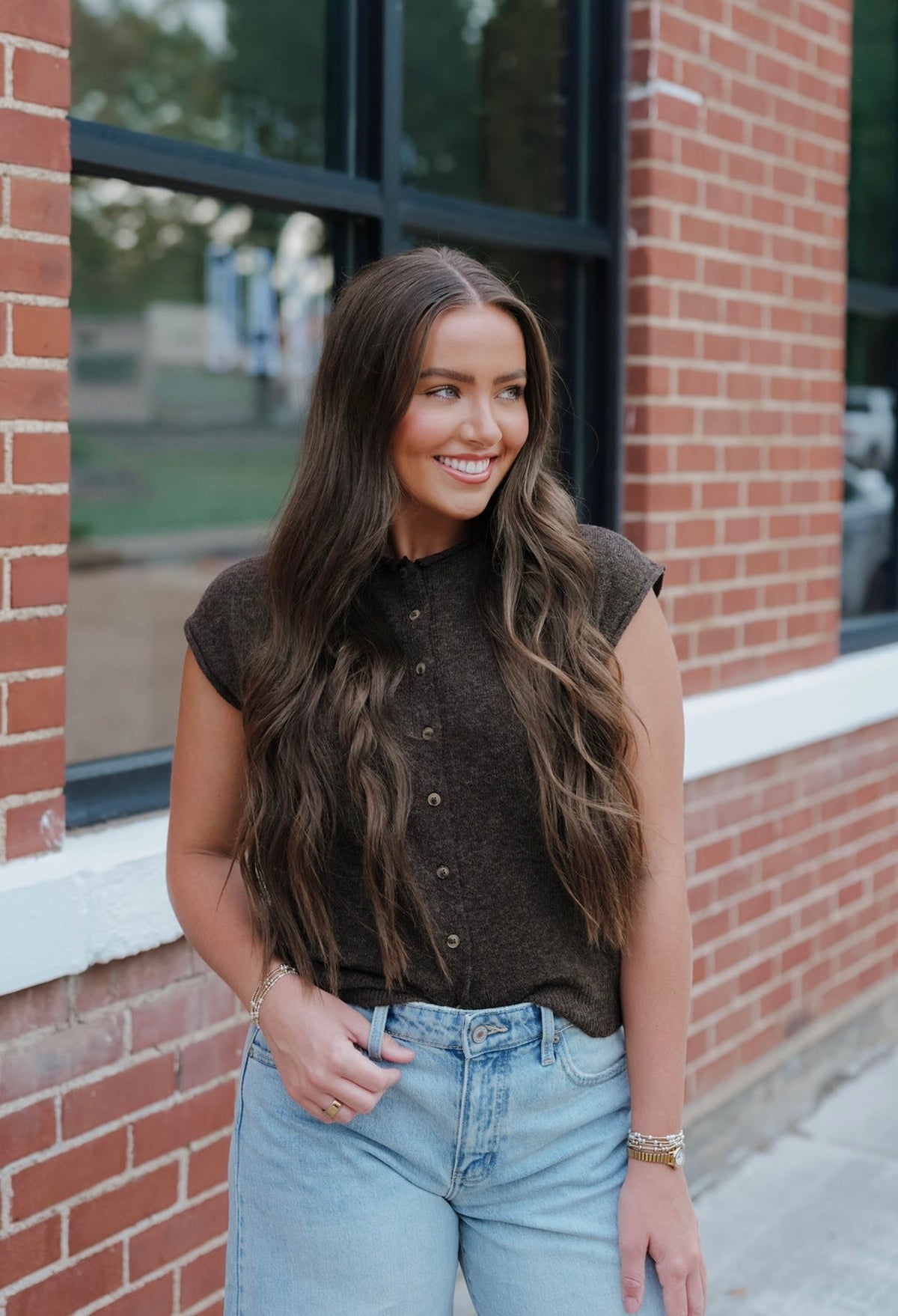 Brown Short Sleeve Button Down Sweater