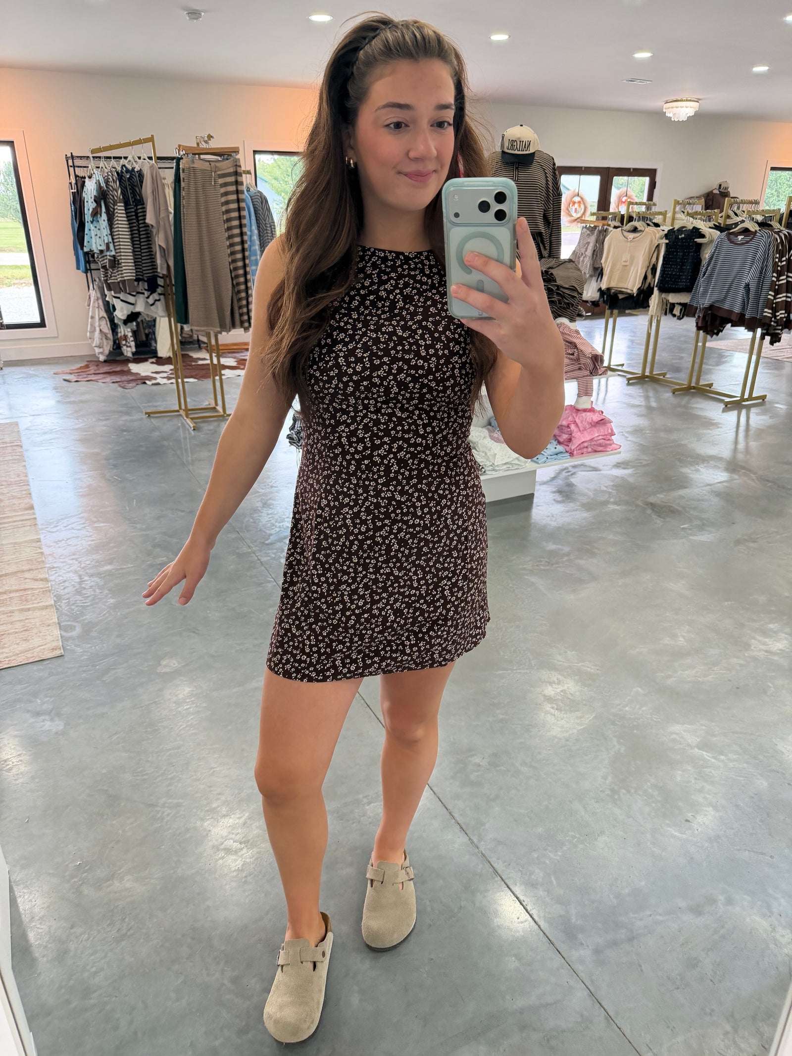 Sleeveless High Neck Brown Floral Mini Dress