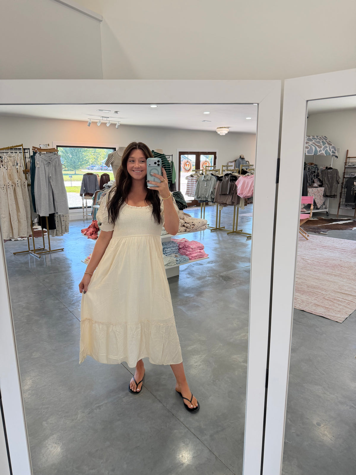Smocked Puff Sleeve Ruffle Trim Midi Dress