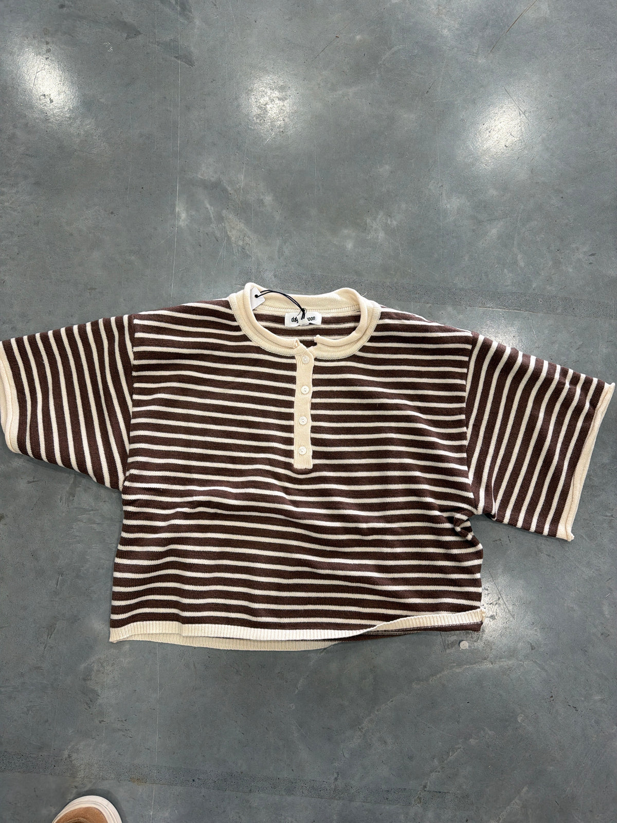 Brown Striped Short Sleeve Henley Knit Top