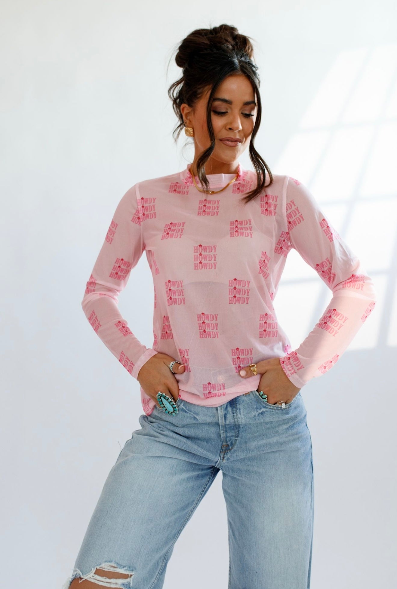 Pink Howdy Sheer Mock Neck Top