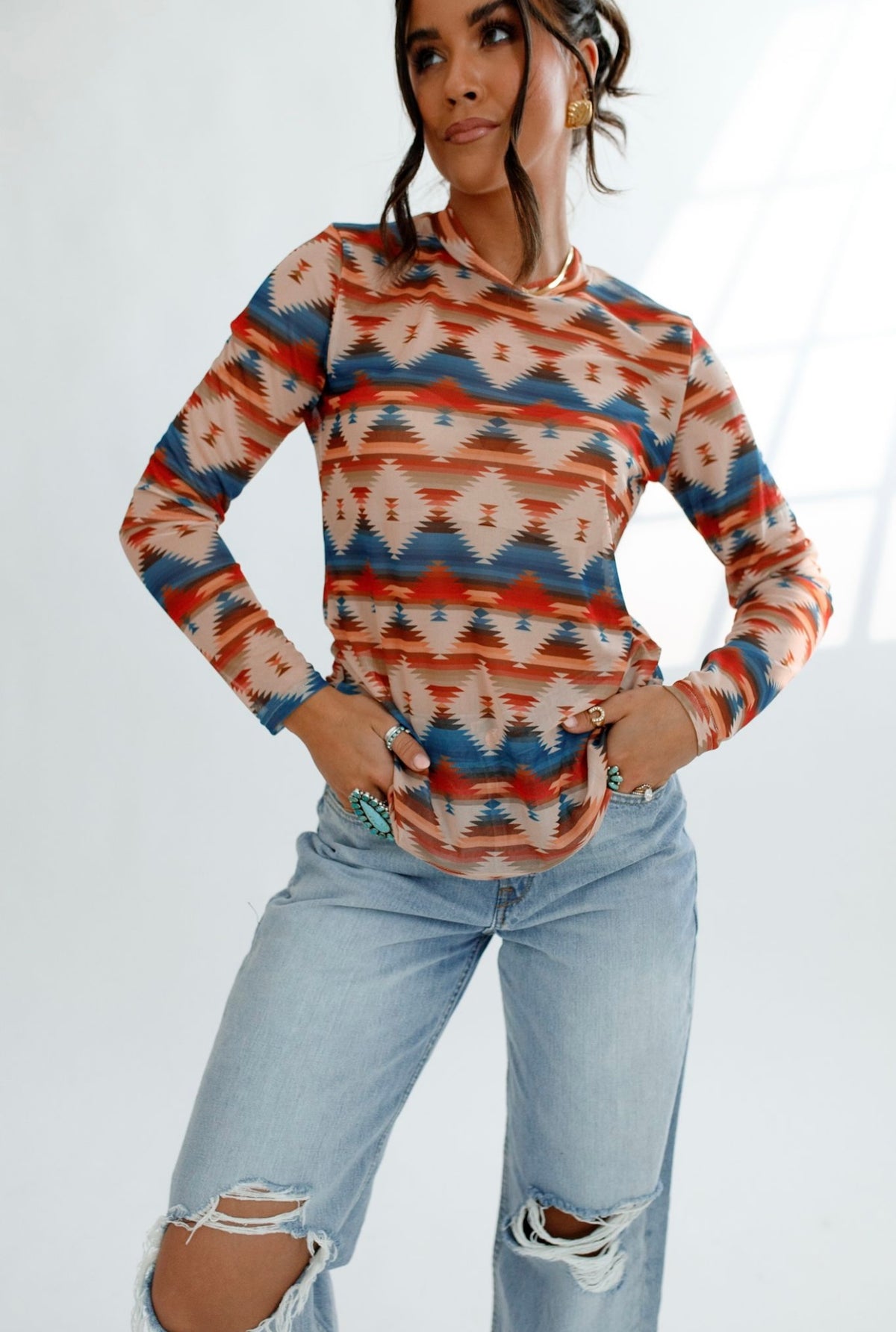 Aztec Sheer Mock Neck Top