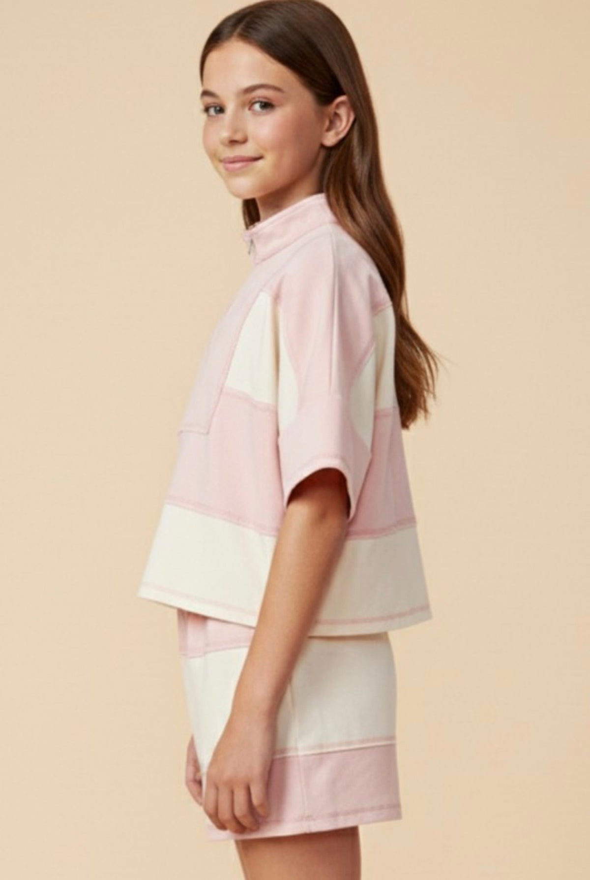 Girls Pink Color Block Stripe Half Zip Top