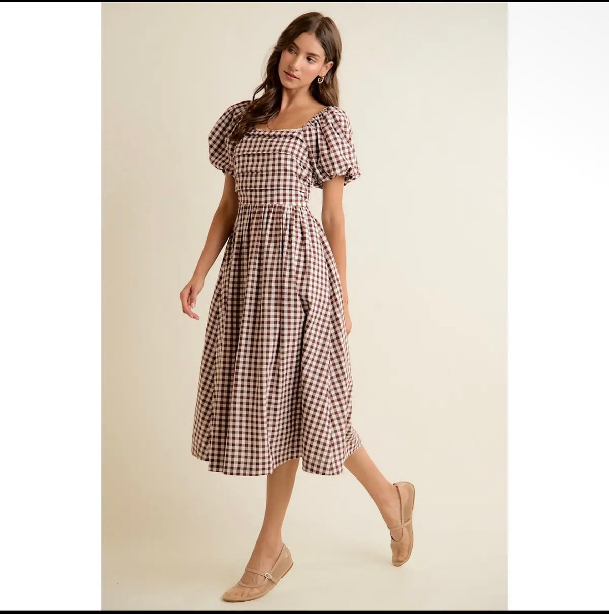 Gingham Puff Sleeve Lace Trim MIDI Dress