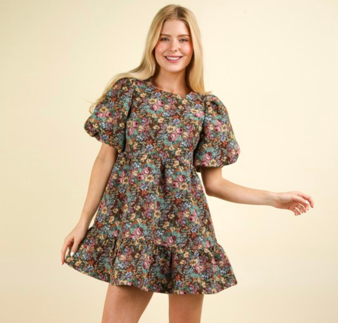 Puff Sleeve Floral Jacquard Dress
