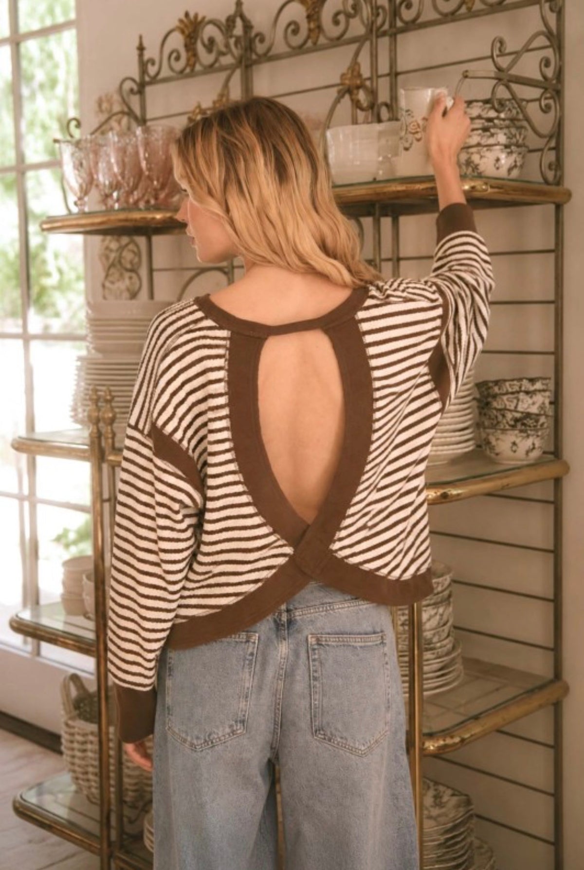 Mocha Stripe Contrast Cross Back Shirt
