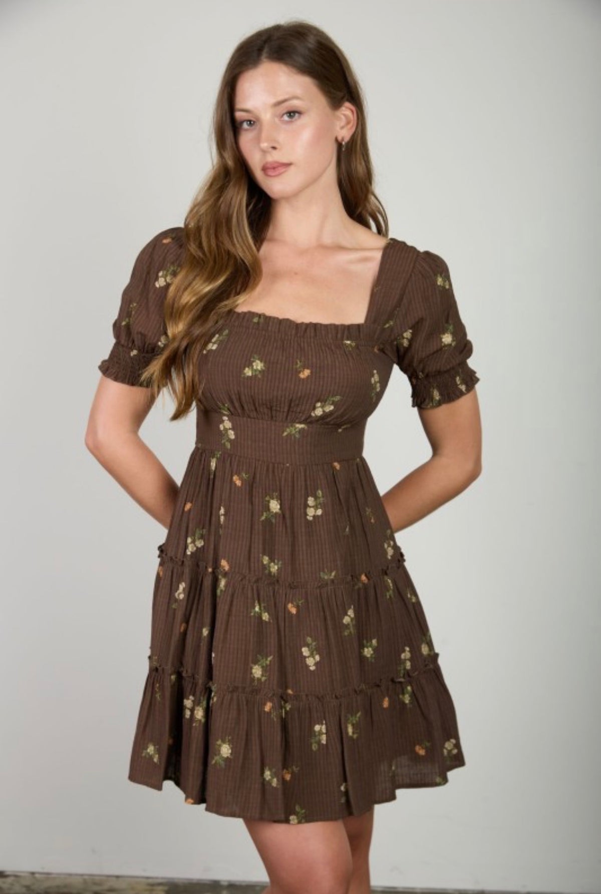 Floral Square Neck Puff Sleeve Mini Dress