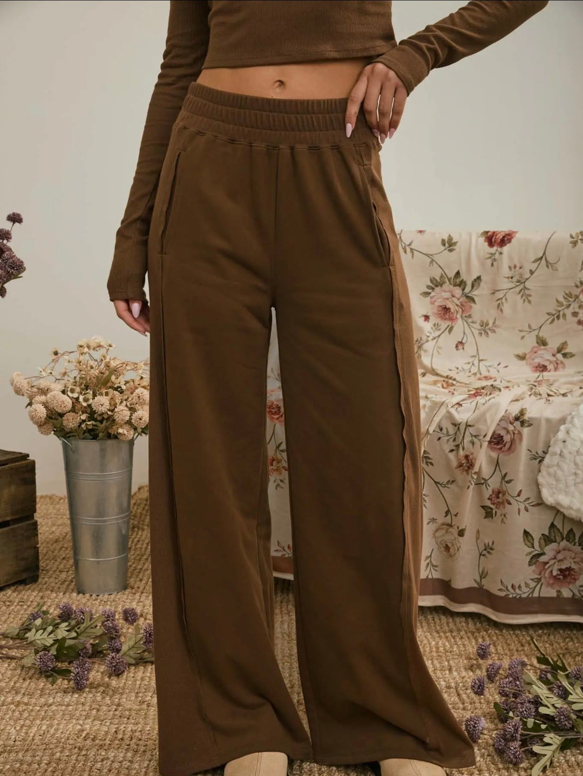 Brown Side Panel Knit Lounge Pants