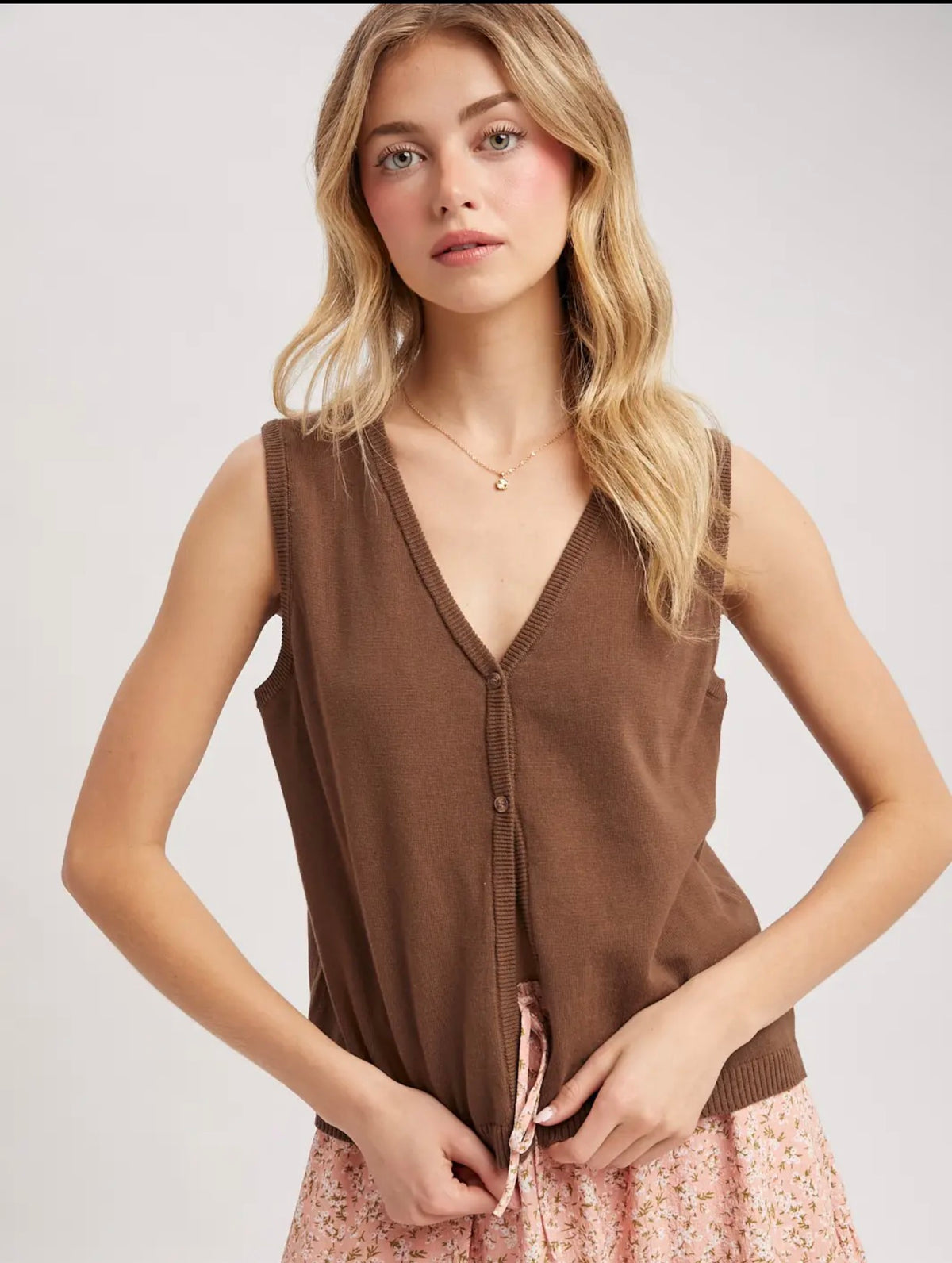 Brown V-Neck Button Front Sweater Vest