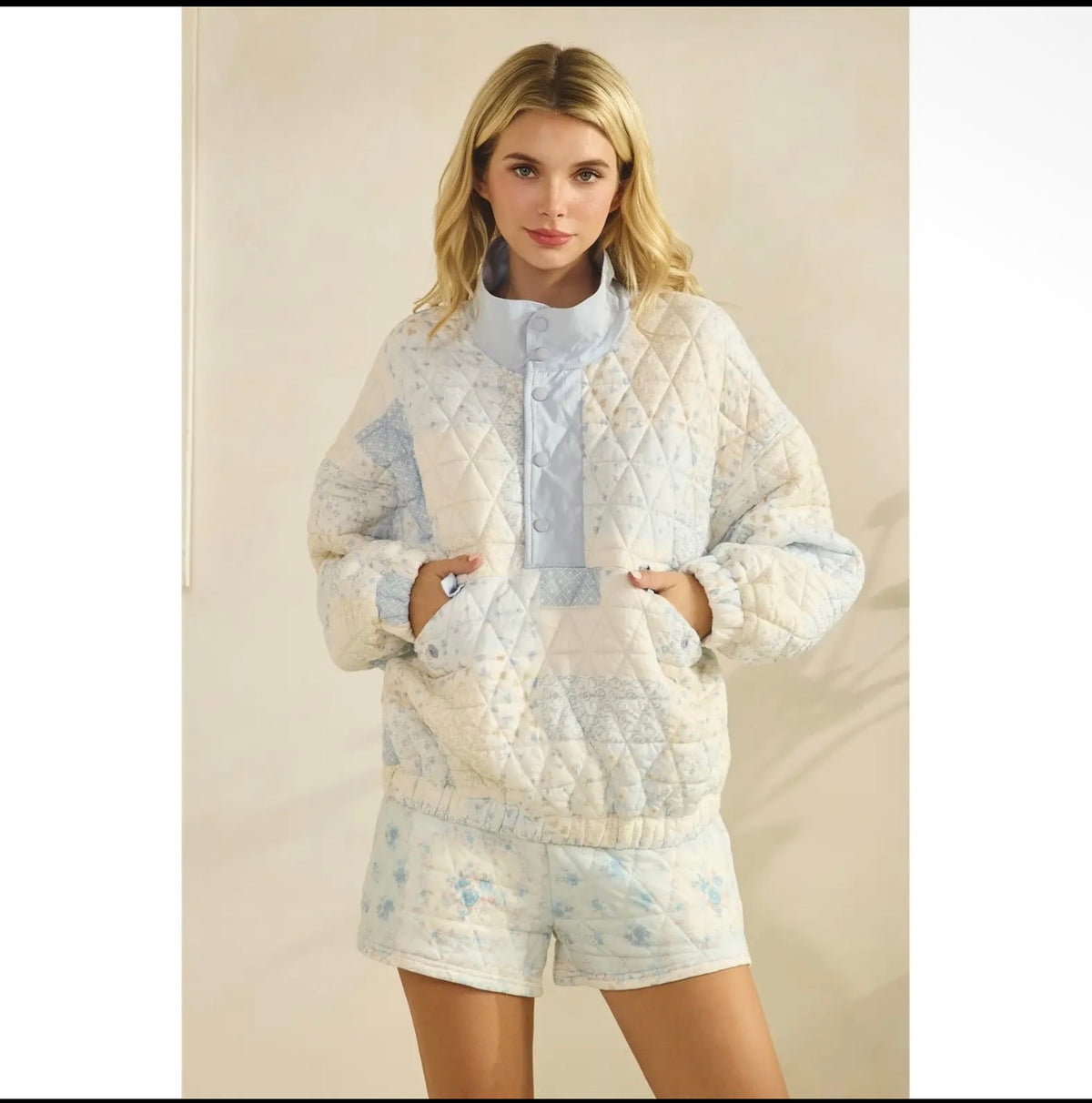 Blue Textured Contrast Printed Quarter zip