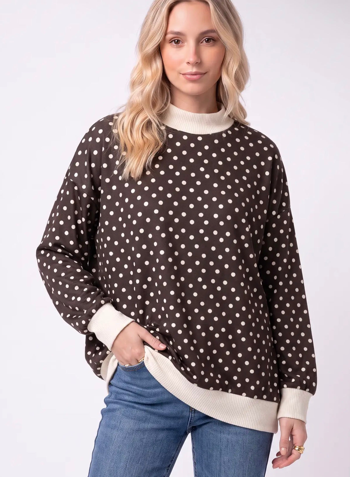 Polka Dot Ribbed Contrast Pullover