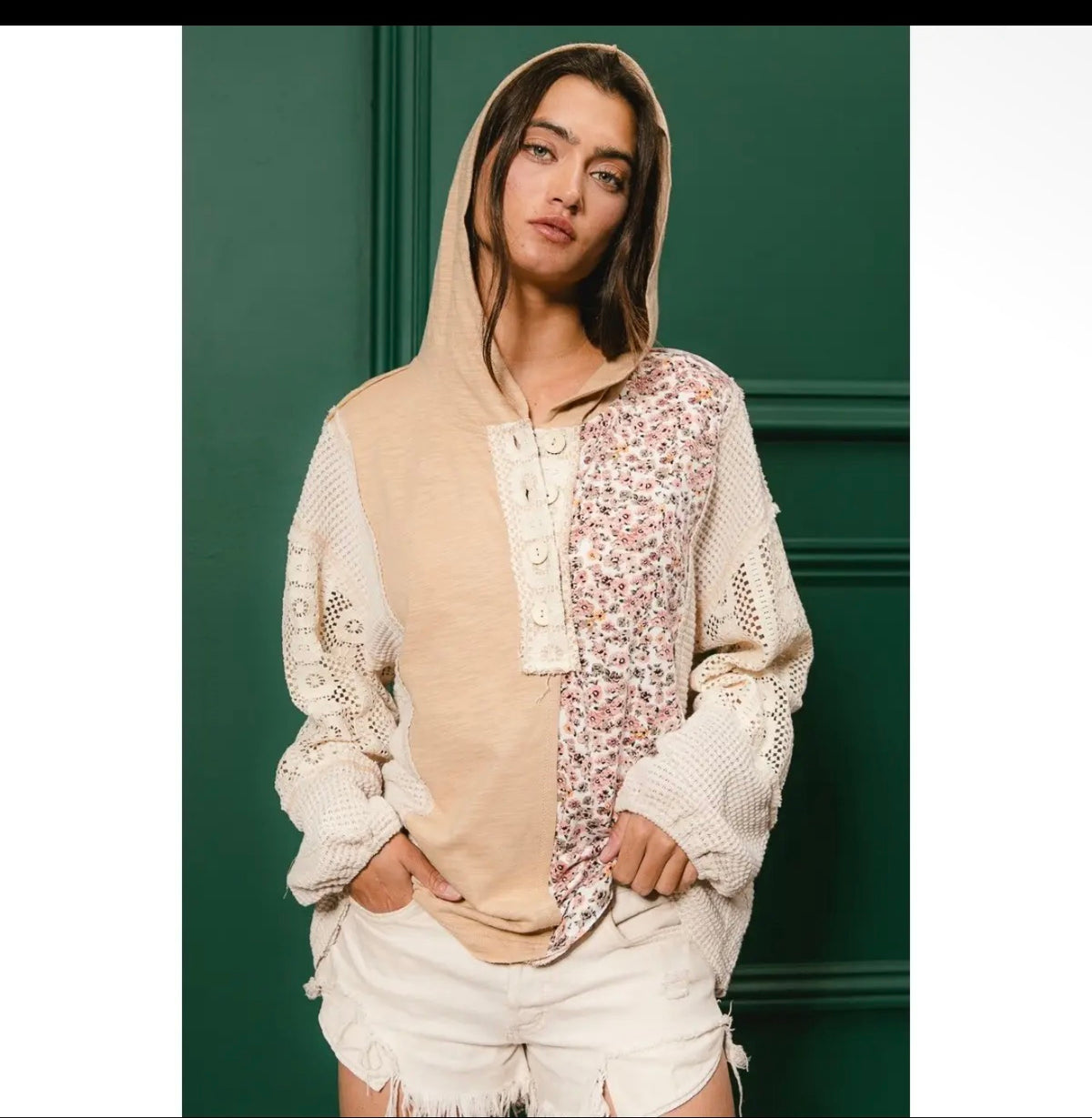 Lace Button Down Combo Hoodie Top