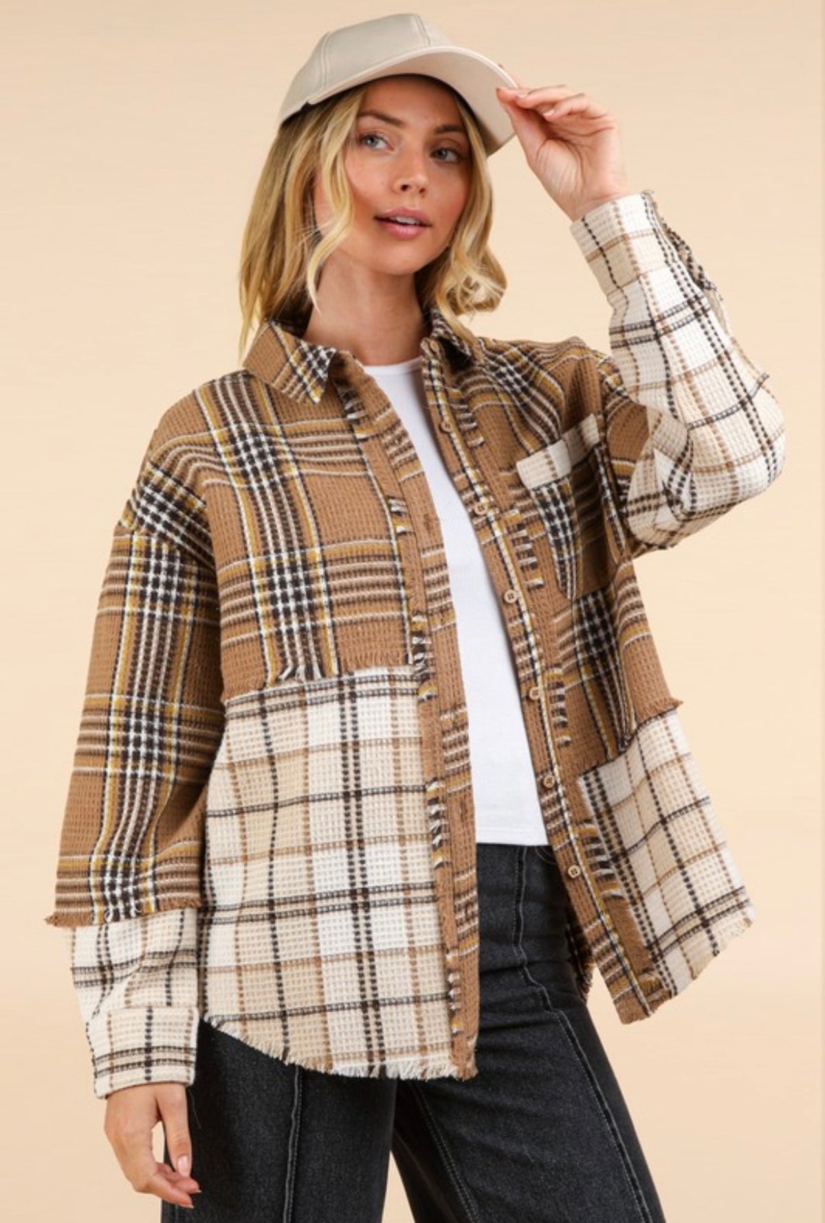 Mocha Mixed Plaid Button Up Top