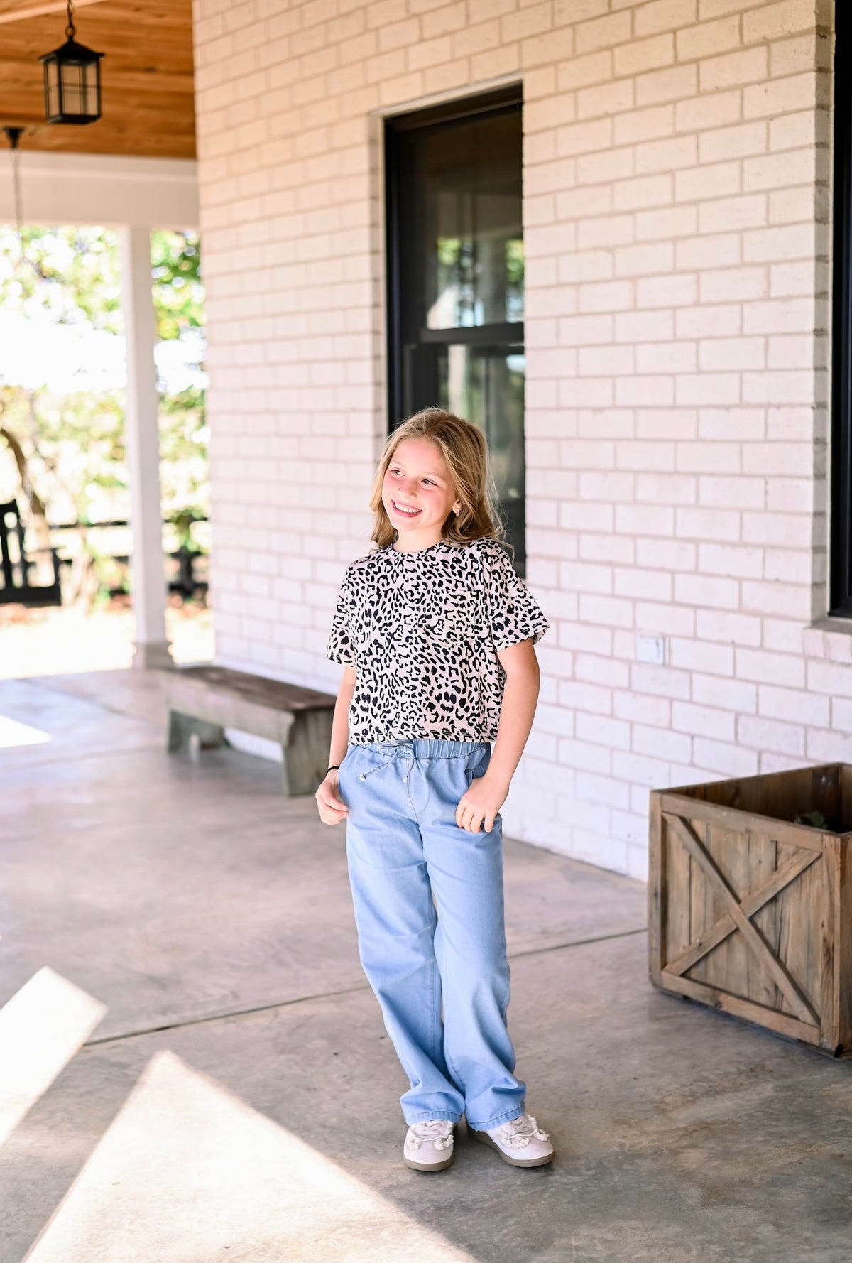 Girls Wide Leg Drawstring Waist Denim Pants