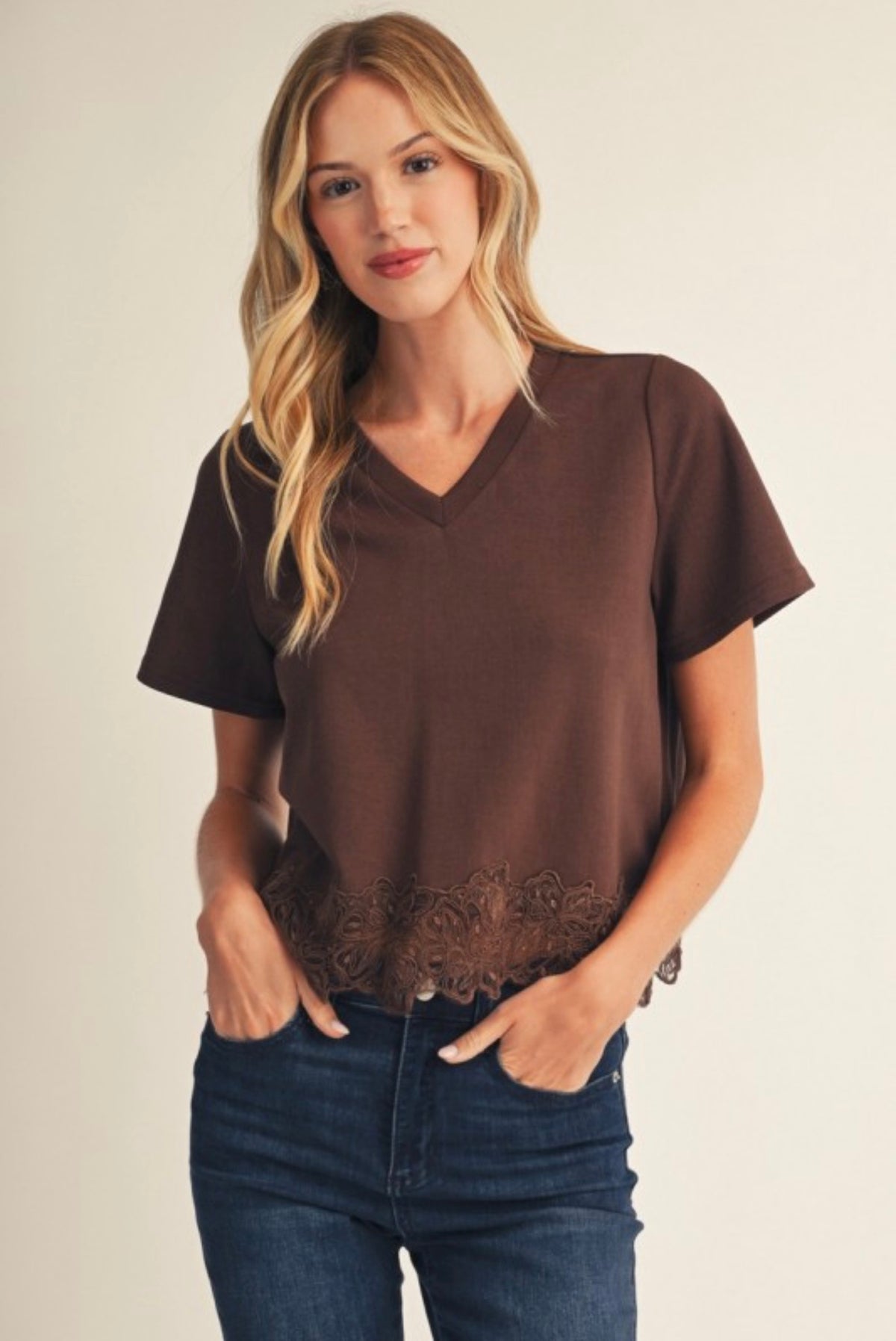 Brown Lace Patch Hem Top