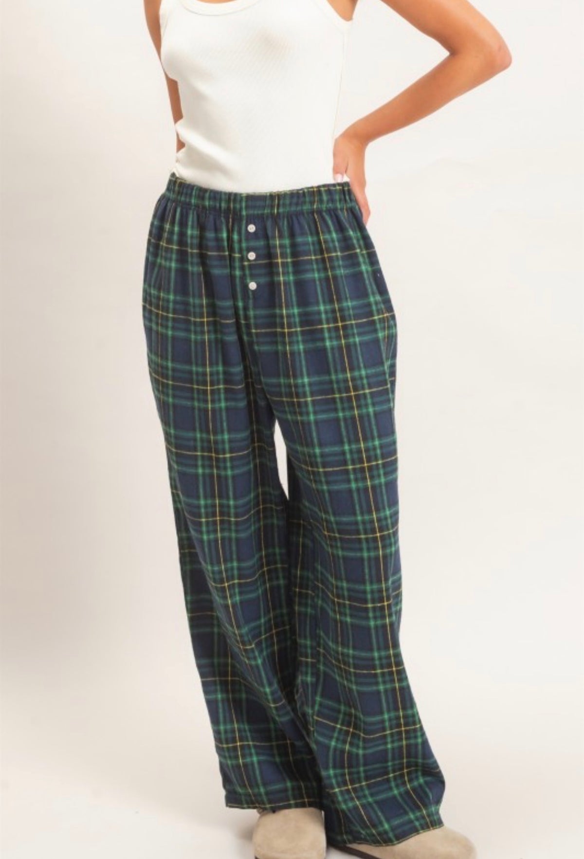 Green Plaid Wide Leg Pants