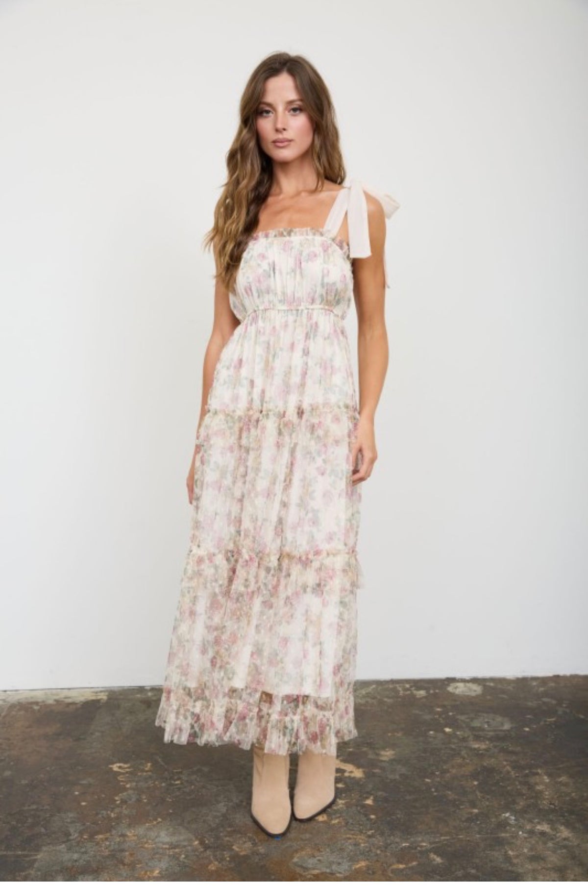 Ivory Floral Chiffon Tie Strap Tiered Midi Dress