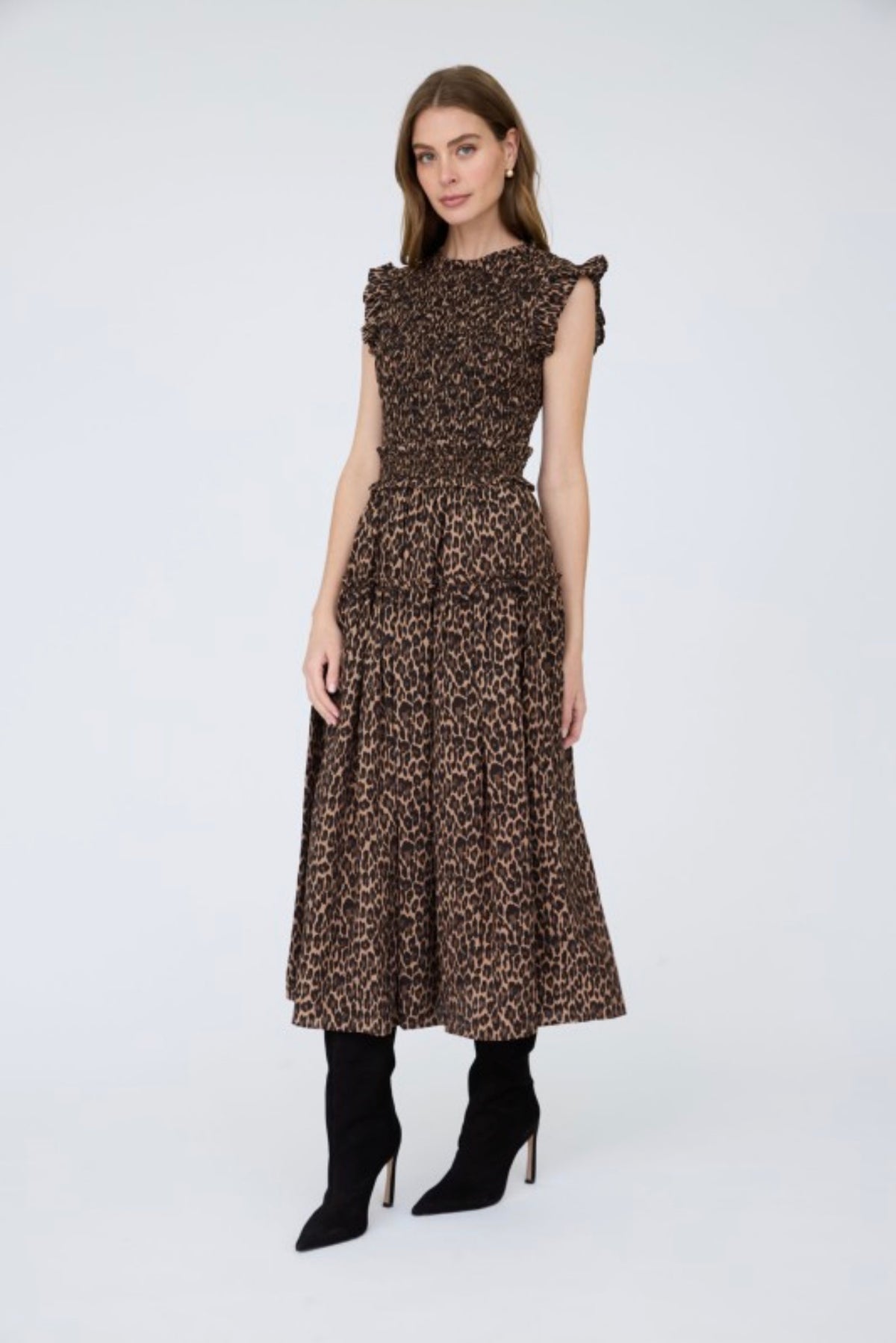 Leopard Sleeveless Smocked Tiered Midi Dress