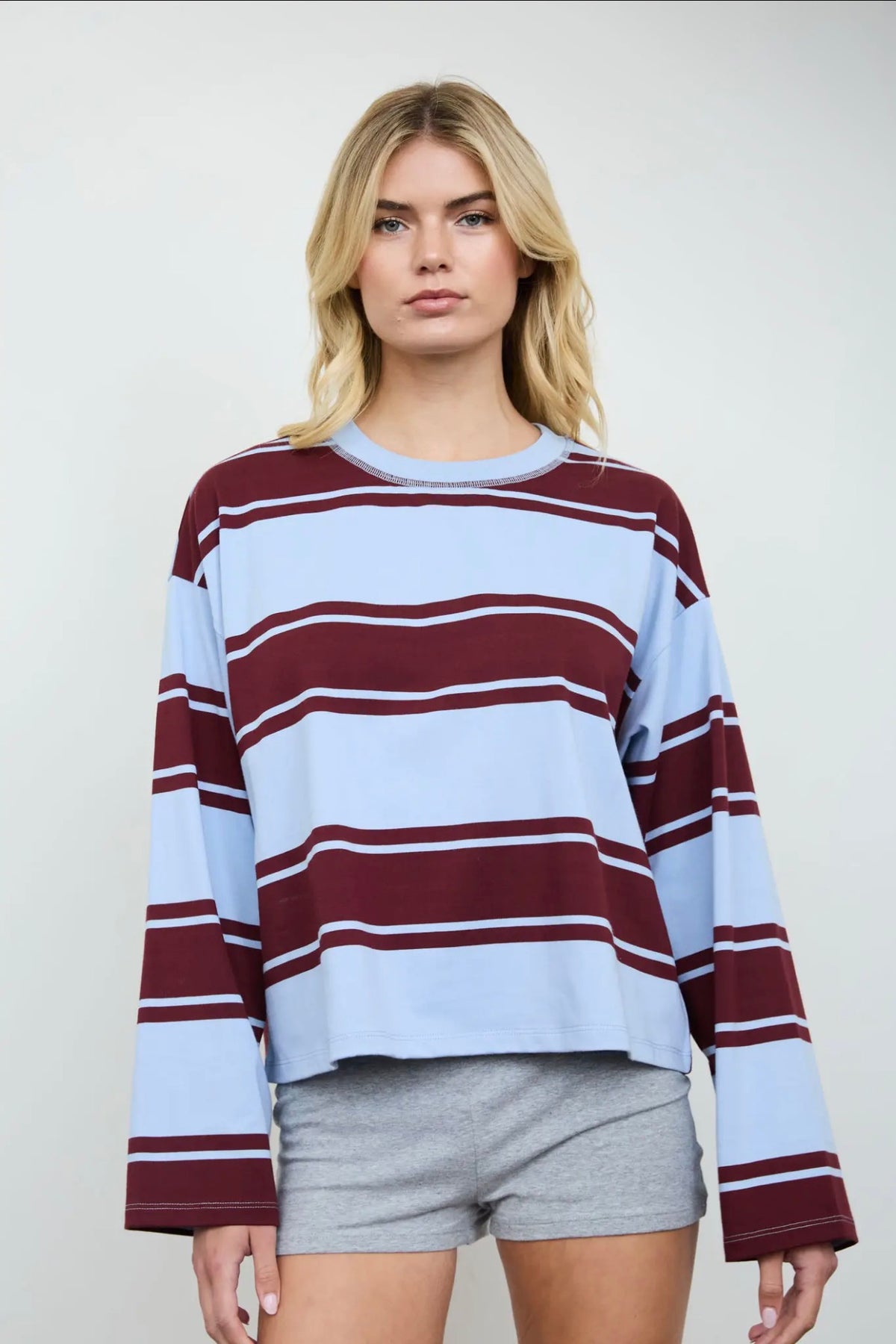 Wide Strip Maroon/Blue Crew Neck Long Sleeve