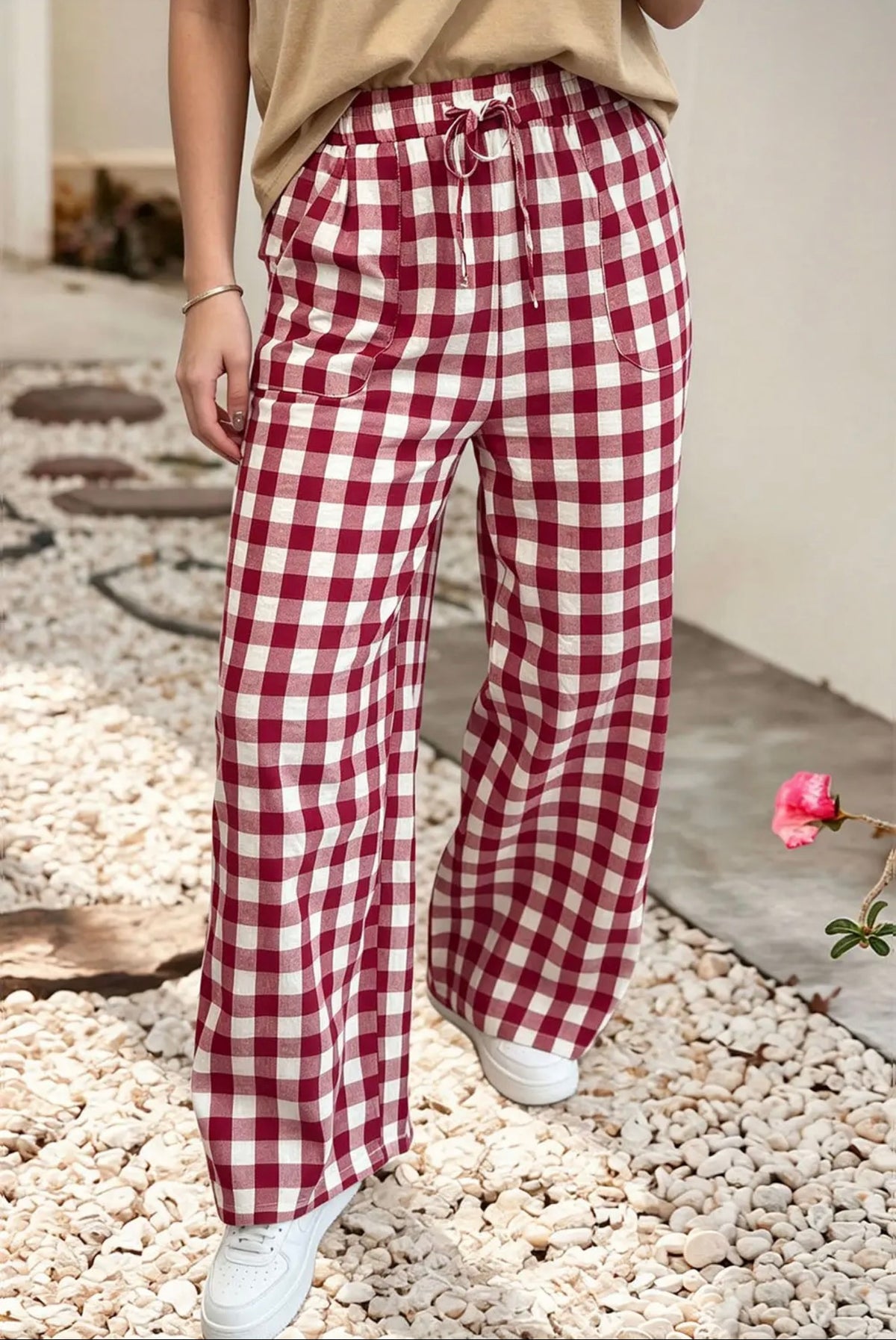 Red Plaid Wide Leg Pants