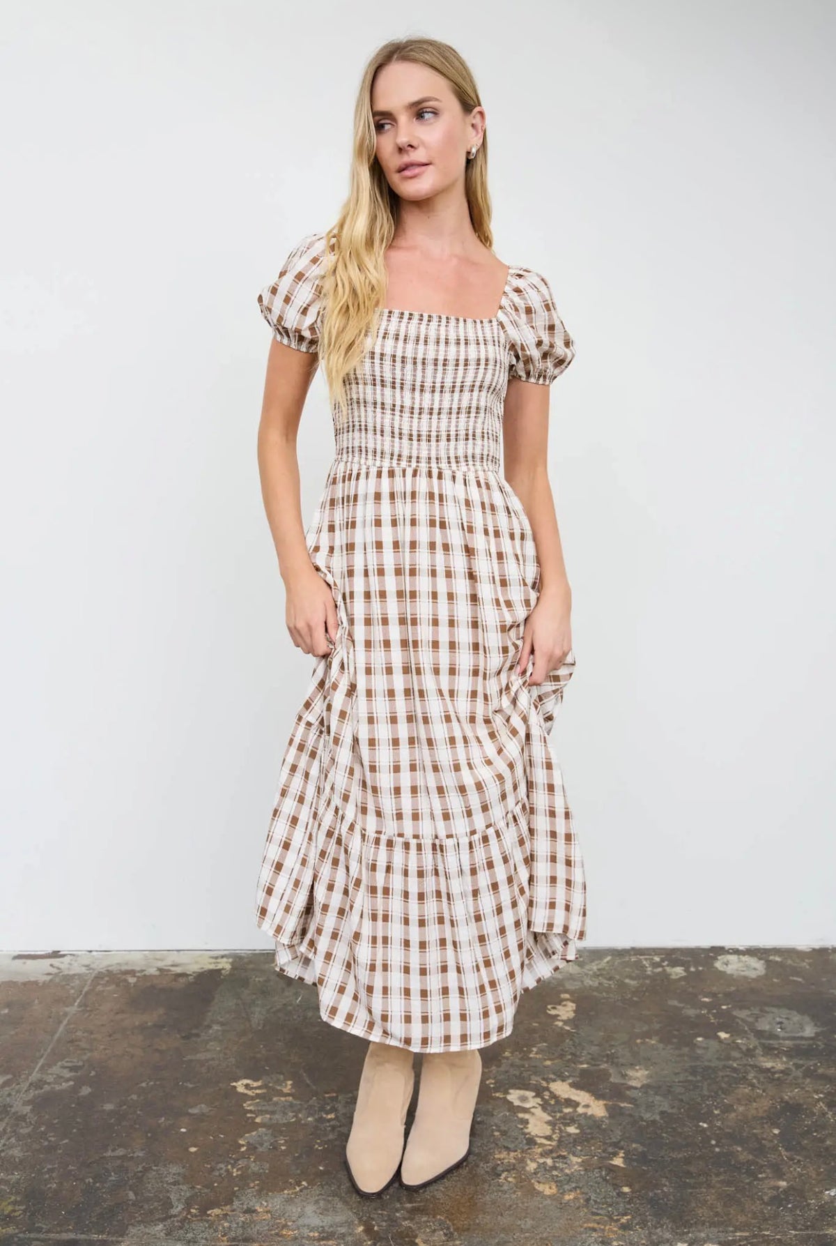 Plaid Smocked Puff Sleeve Midi Dress