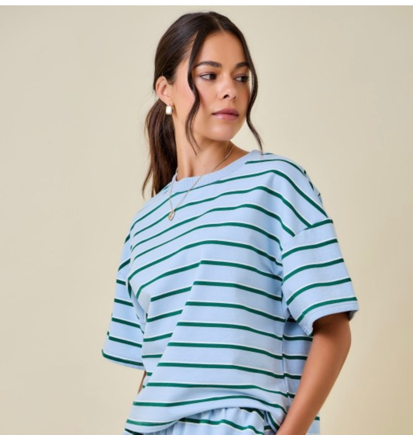 Baby Blue Hunter Green Striped Boxy Top