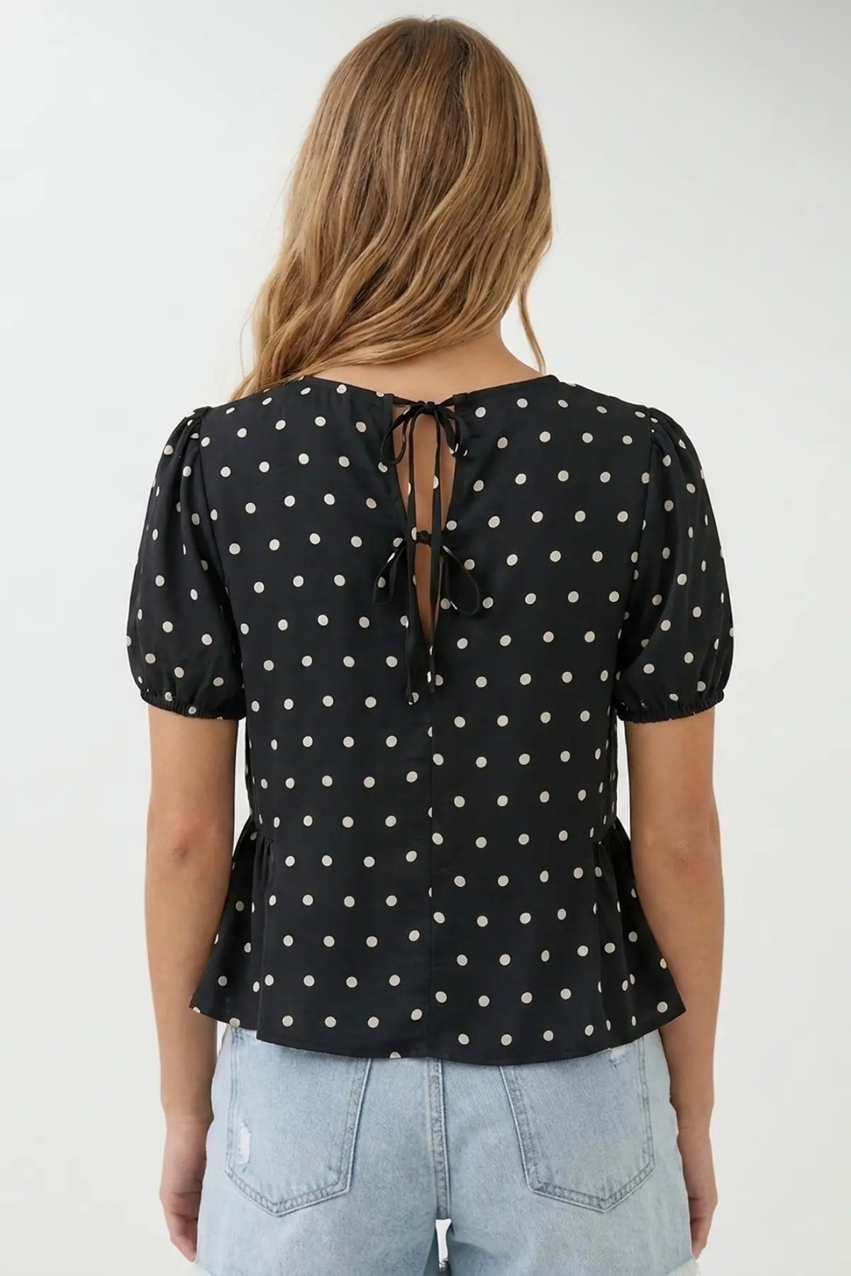 Polka Dot Peplum Blouse Black