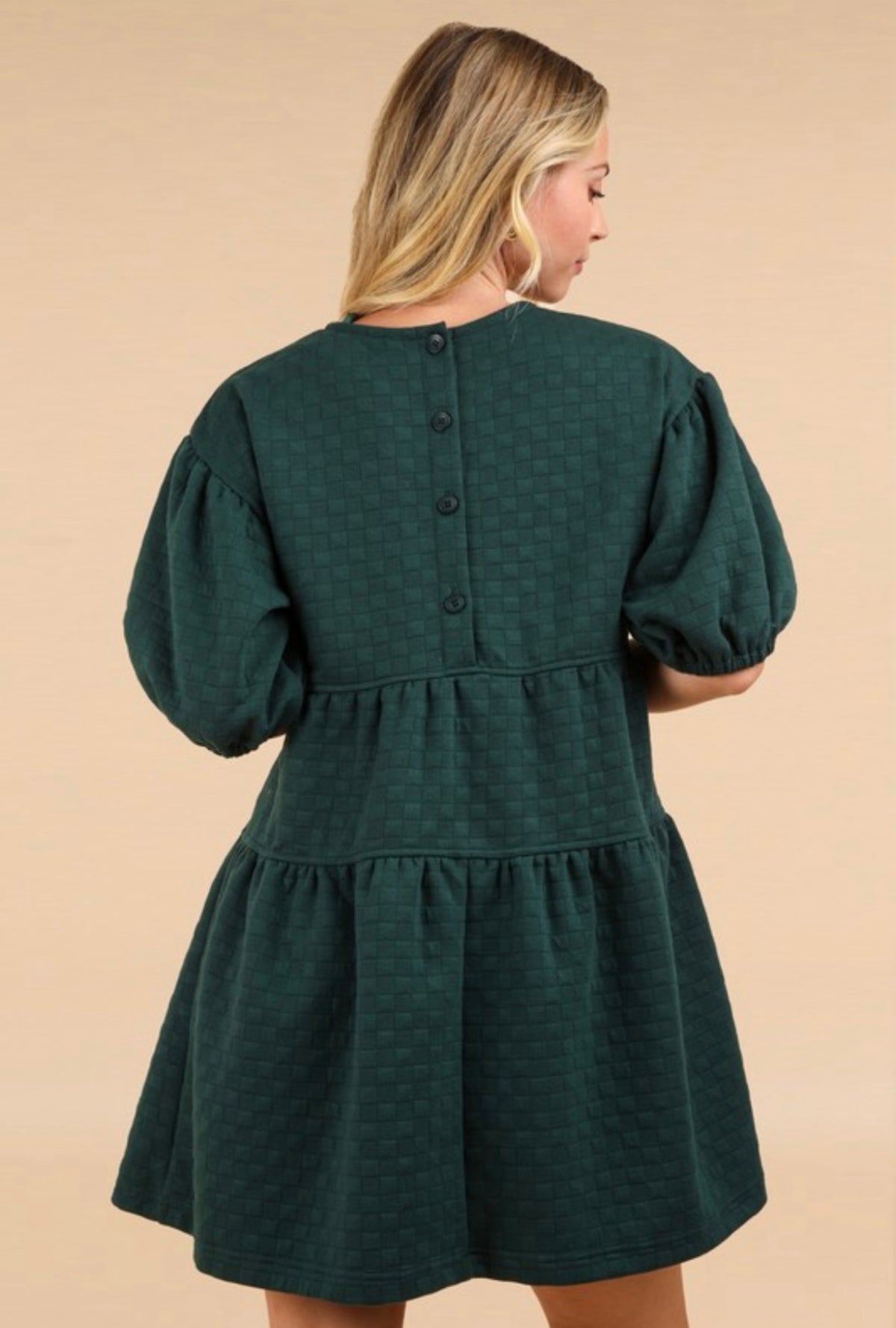Green Quilted Puff Sleeve Dress