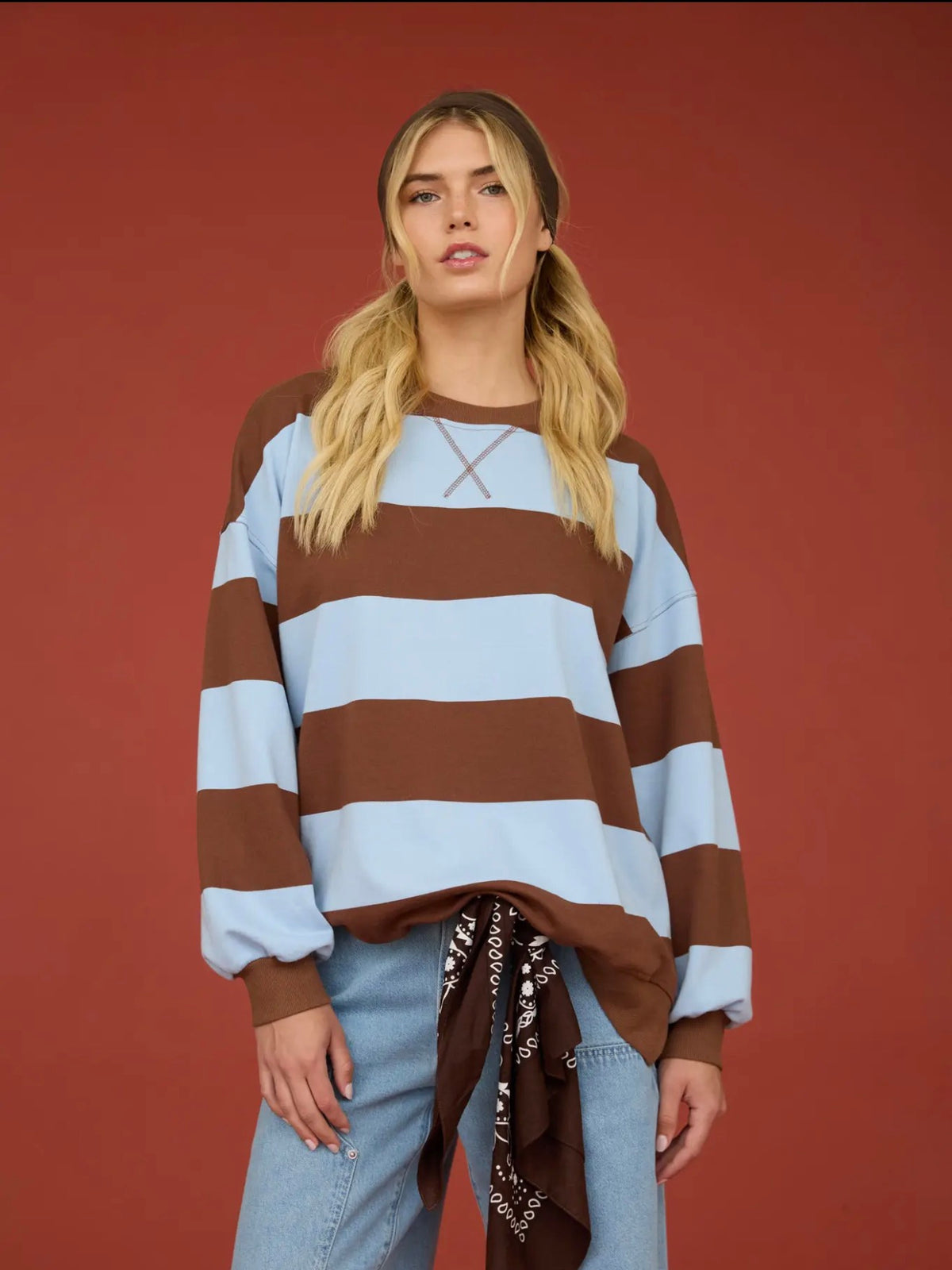 Oversized Wide Stripe Crew Neck Top Chocolate Brown