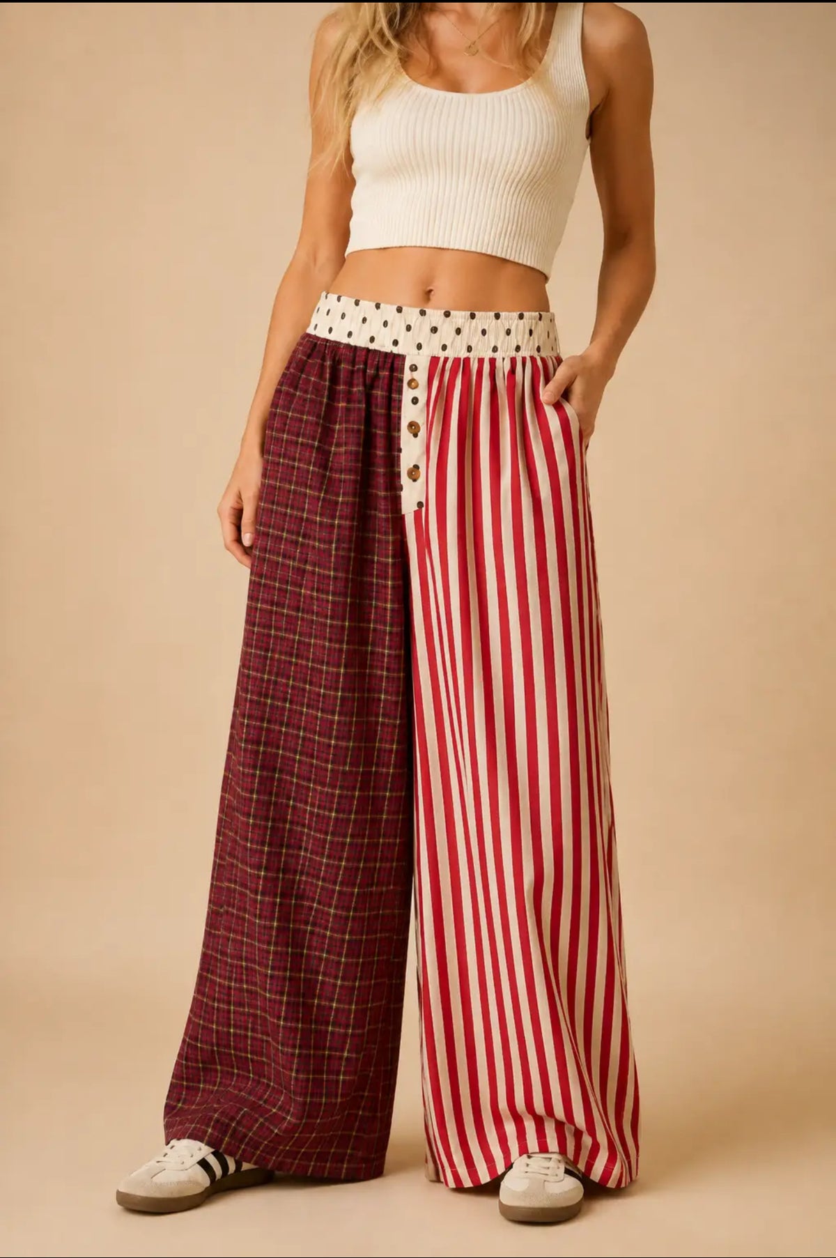 Red Mixed Pattern Wide Leg Trousers