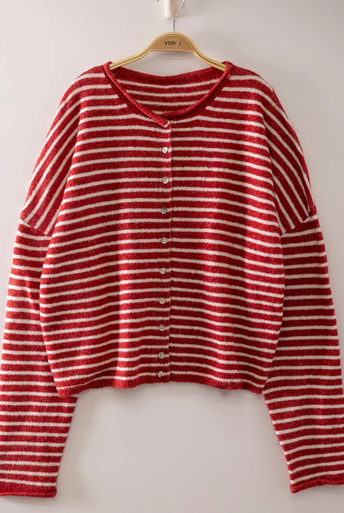 Button Down Stripe Sweater Red