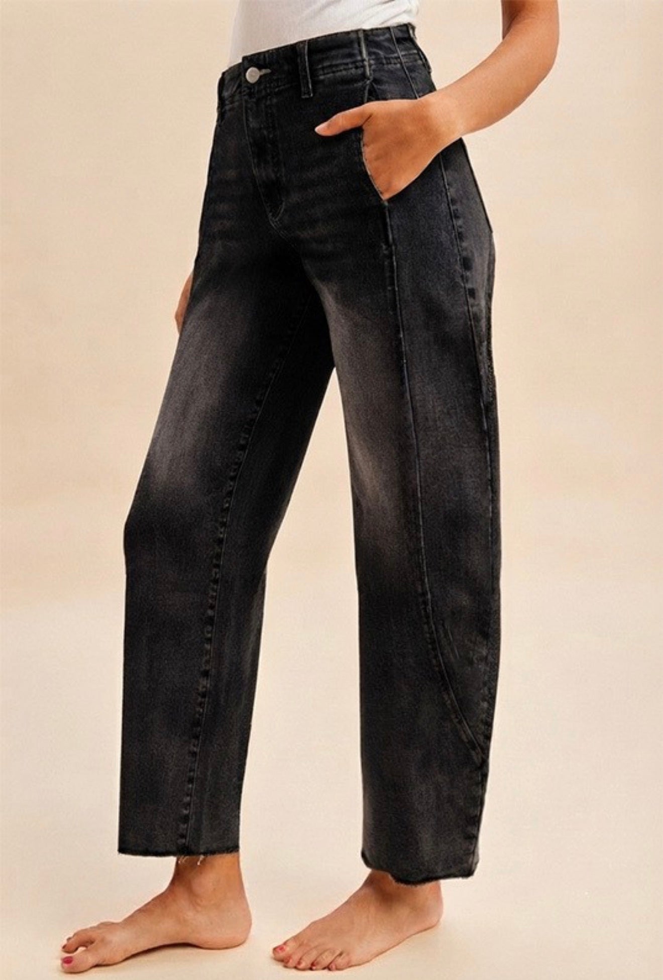 Black Stretch Barrel Leg Tapered Jeans