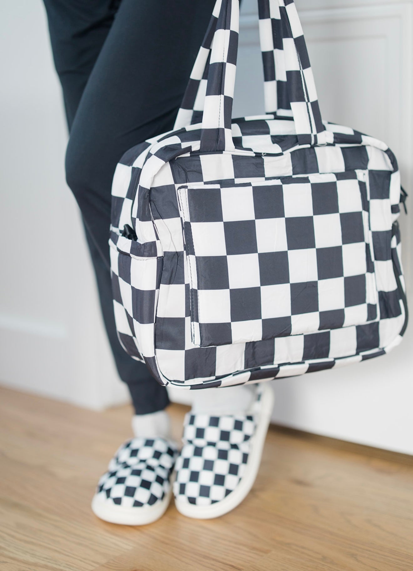 Puffer Duffel Bag in Black & White Checkerboard