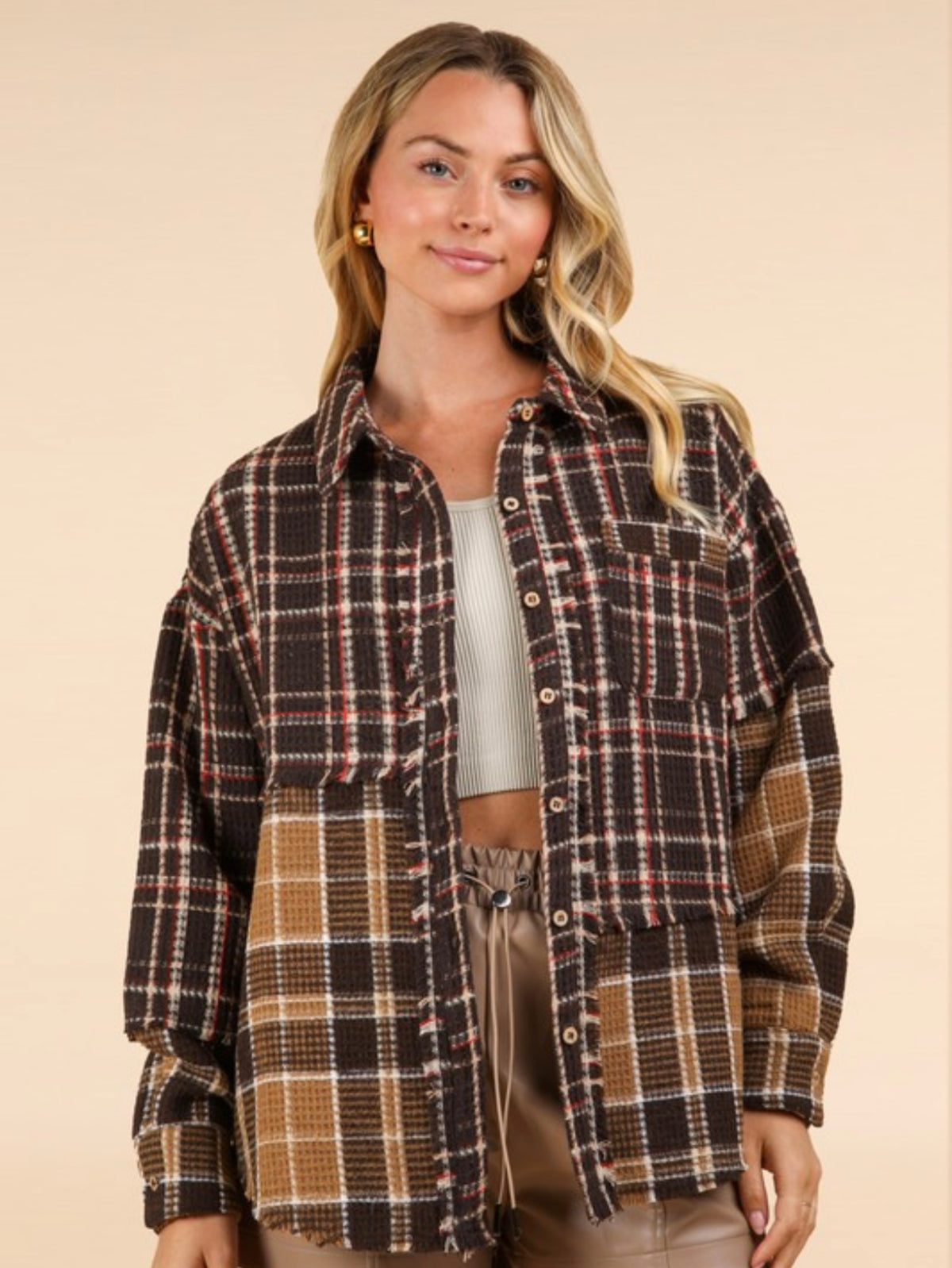 Chocolate Mixed Plaid Button Up Top