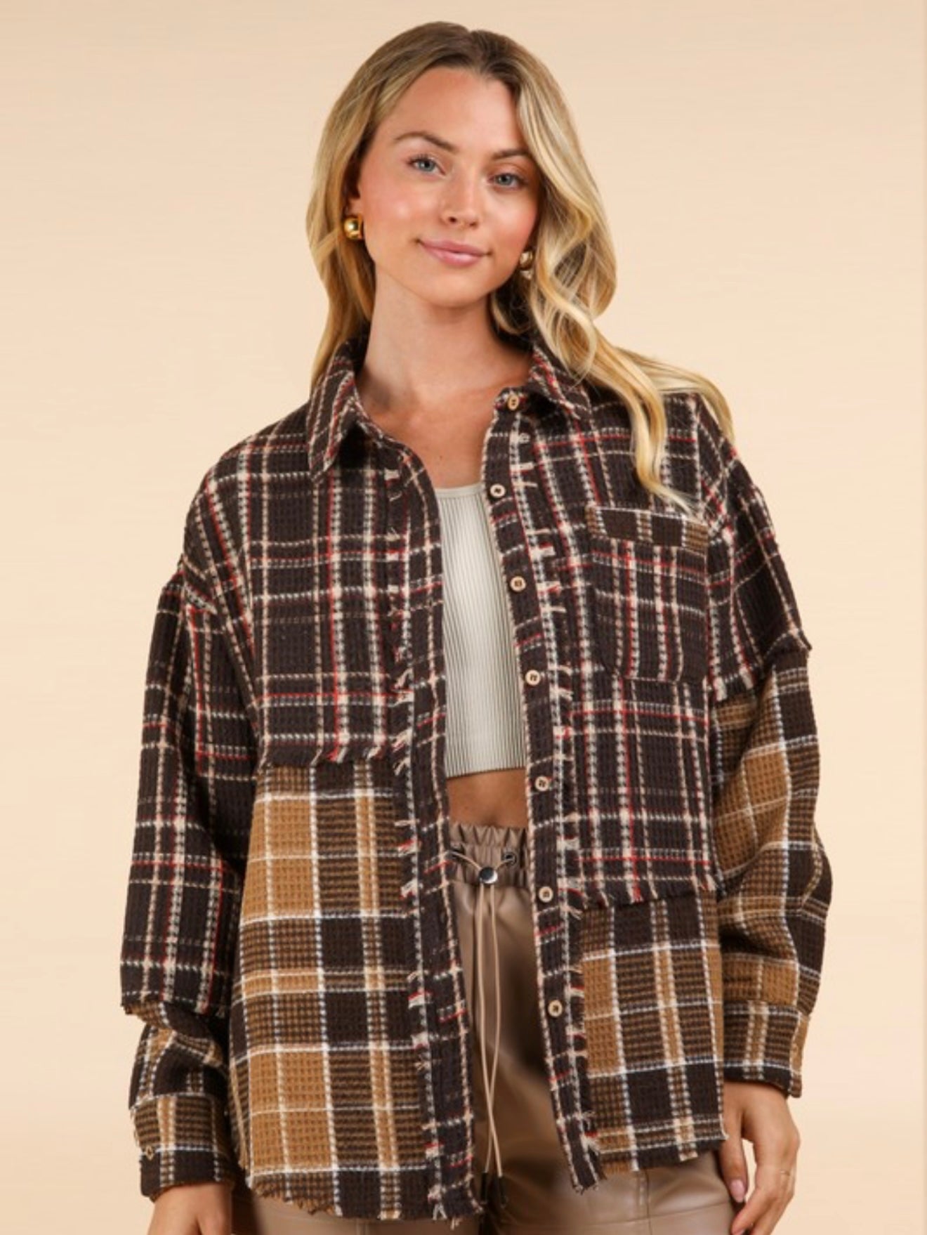 Chocolate Mixed Plaid Button Up Top