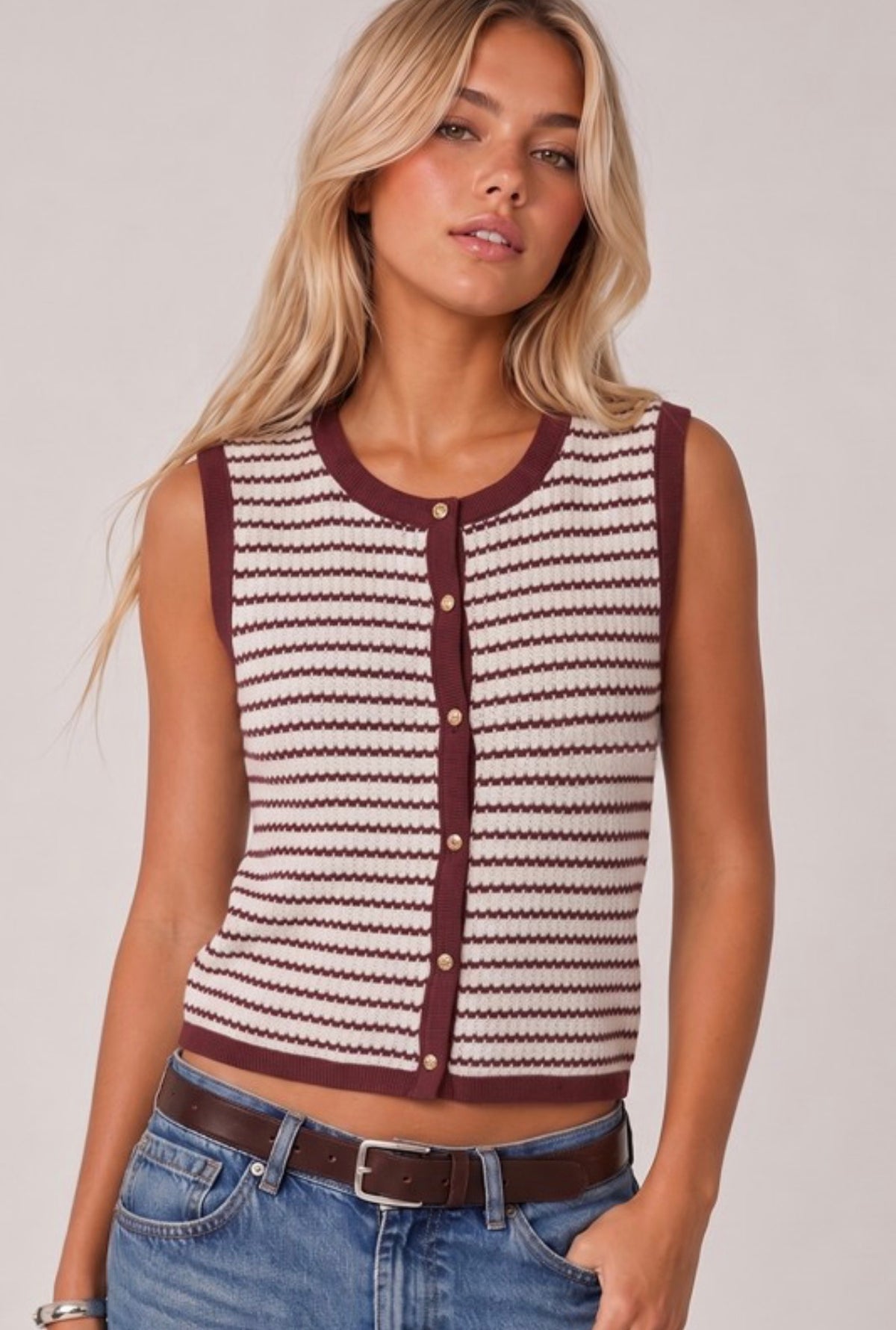 Maroon Stripe Knit Button Down Top