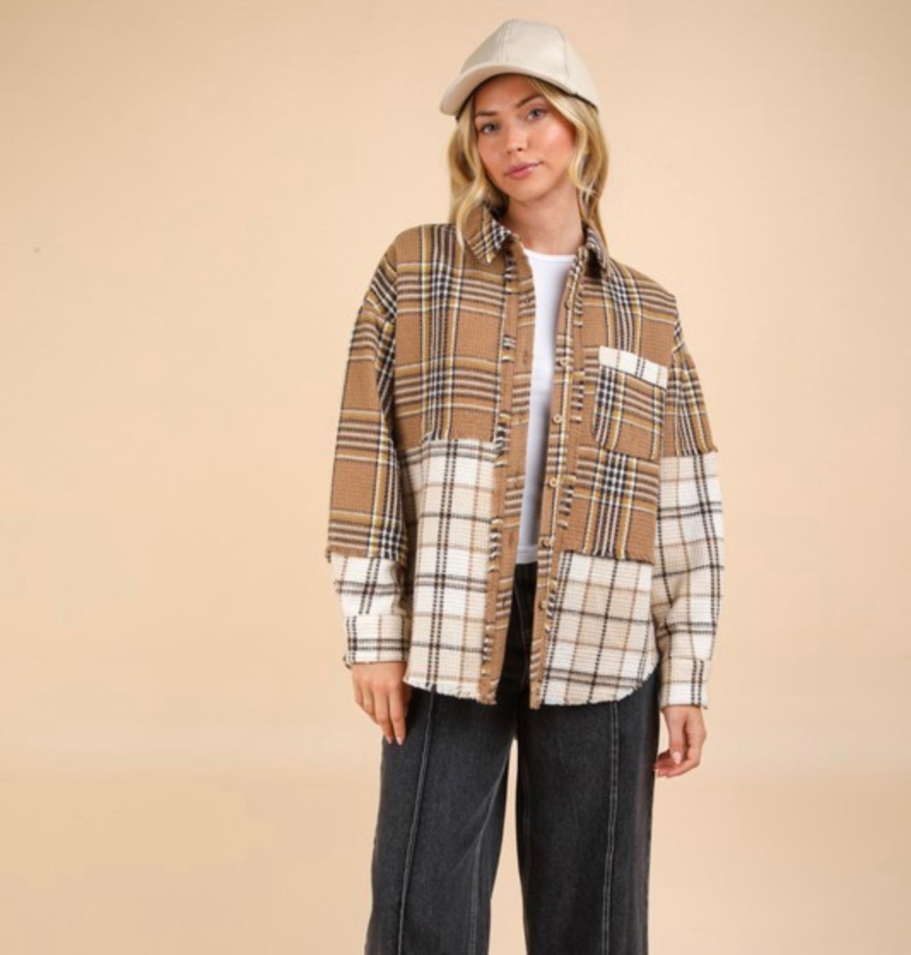 Mocha Mixed Plaid Button Up Top