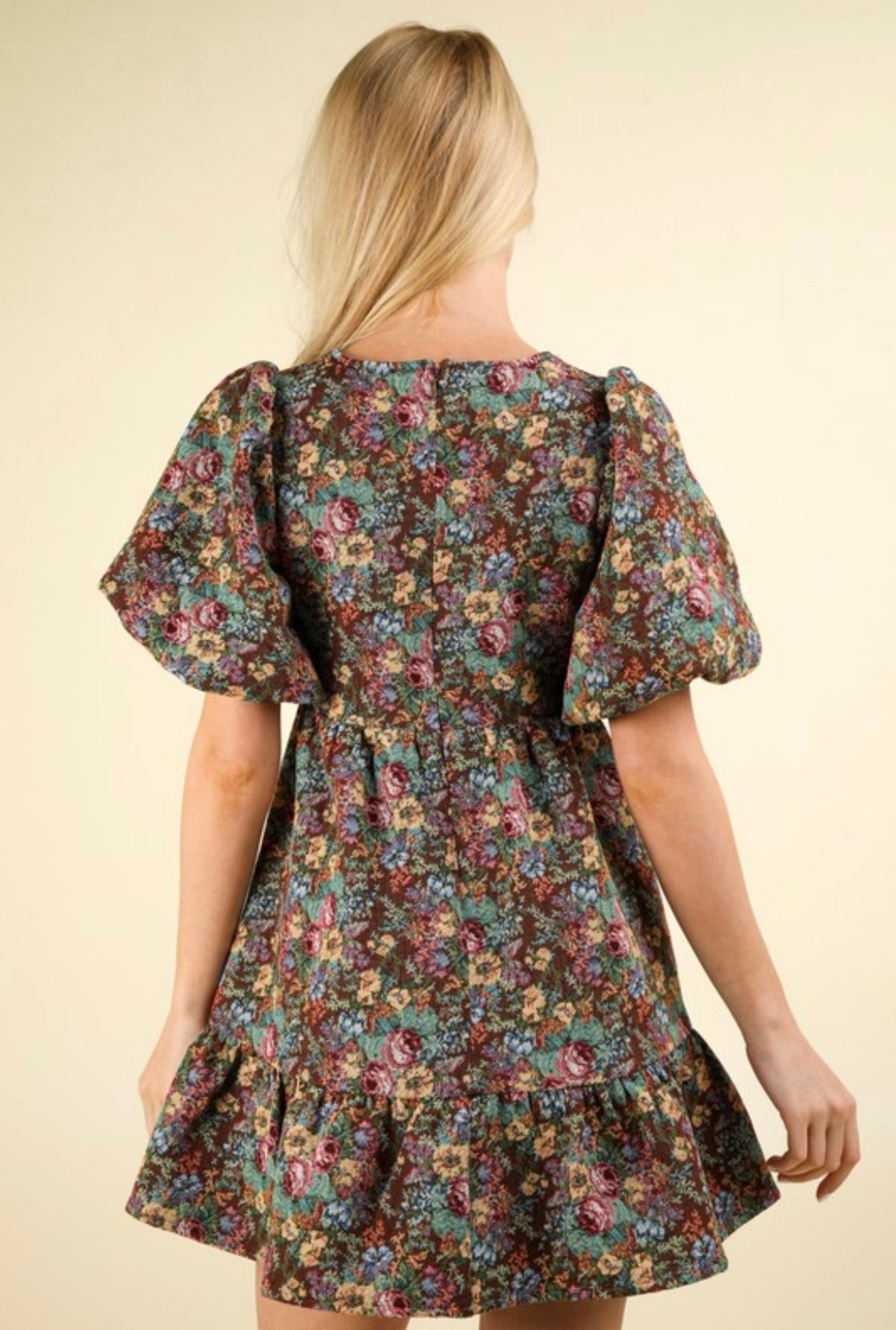 Puff Sleeve Floral Jacquard Dress