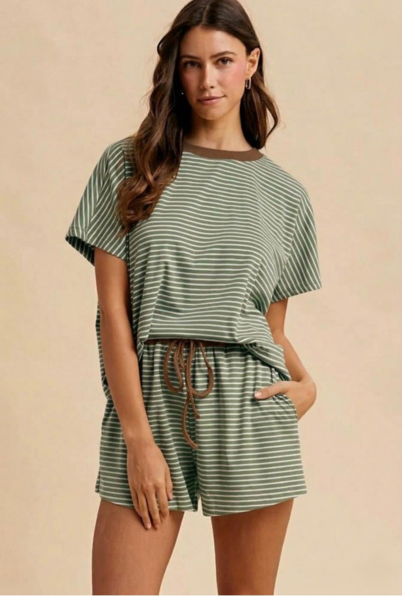 Olive/Green Loose Fit Striped Knit Shorts